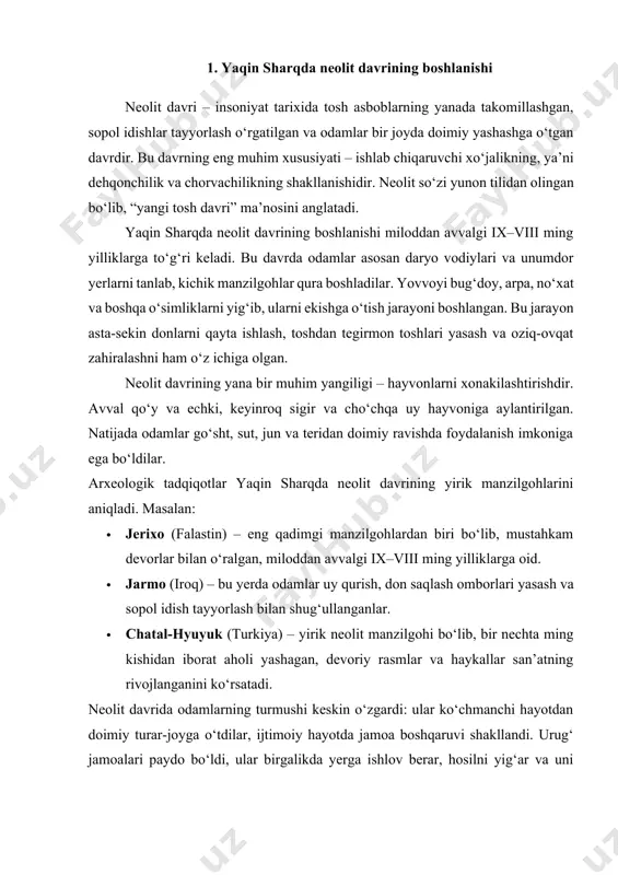 lizatsiyalarning shakllanishiga asos bo‘ldi. neolit (nyeo... va yun. lithos-tosh) yangi tosh davri, tosh davrining so‘nggi bosqichi. osiyo va yevropa mintaqalarida qayd etilgan va qazib o‘rganilgan. neolit davri osori atiqalarining aksariyati mil. av. 6-3-ming yilliklar bilann sanaladi. tosh davrini bu yangi bosqichi qariyb 3 ming yil davom etgan. neolit davrida odamzodning turmush tarzi va iqtisodiy hayotida bir qator yirik tub o‘zgarishlar sodir bo‘ladi. ovchilik va terimchilik kabi tabiatga boqim hayotiy mashg‘ulotlar negizida ibtidoiy dehqonchilik va xonaki chorvachilik yuzaga kelib, kishilik tarixida ilk bor dastlabki ishlab chiqaruvchi xo‘jaliklarga asos solindi. neolit odamining xo‘jalik hayotidagi taraqqiyot taqozosi bilan sopoldan idish-tovoqlar yasalib ilk kulolchilik, suyak va xayvon shoxlaridan duk, igna, bigiz va urchuq toshlar hamda oddiygina yog‘och dastgoxlari yasalib, ip yigirish, baliq ovi to‘rlarini to‘qish va xonaki to‘qimachilik yuzaga keladi. chaqmoqtoshlardan turli xil mayda va yirik maxsus (o‘q yoy va nayza paykonlari, parma, pona, arra, bolta, o‘roq, o‘roqranda) qurol va asboblar yasalib, tosh qurollar …