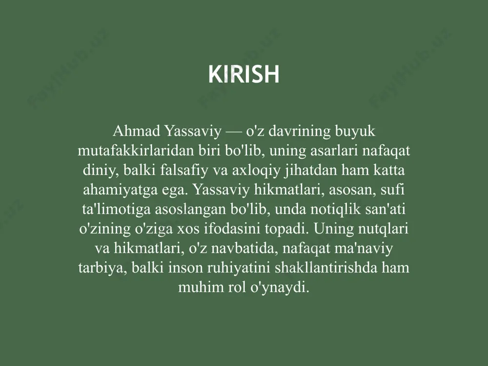 ng so'zlari va g'oyalari zamonaviy avlod uchun ham dolzarbligini yo'qotmagan bo'lib, bu hikmatlar orqali insoniyatning ruhiy va ma'naviy rivojlanishi yo'lidagi ko'plab saboqlarni olish mumkin. ahmad yassaviyning notiqlik san'ati nafaqat o'z davriga, balki kelajak avlodlarga ham ta'sir ko'rsatishda davom etadi. e’tiboringiz uchun rahmat image3.png image4.jpeg image5.jpeg image6.jpeg image7.jpeg image8.jpeg image9.png image10.png image11.png image1.jpeg image2.jpeg /docprops/thumbnail.jpeg