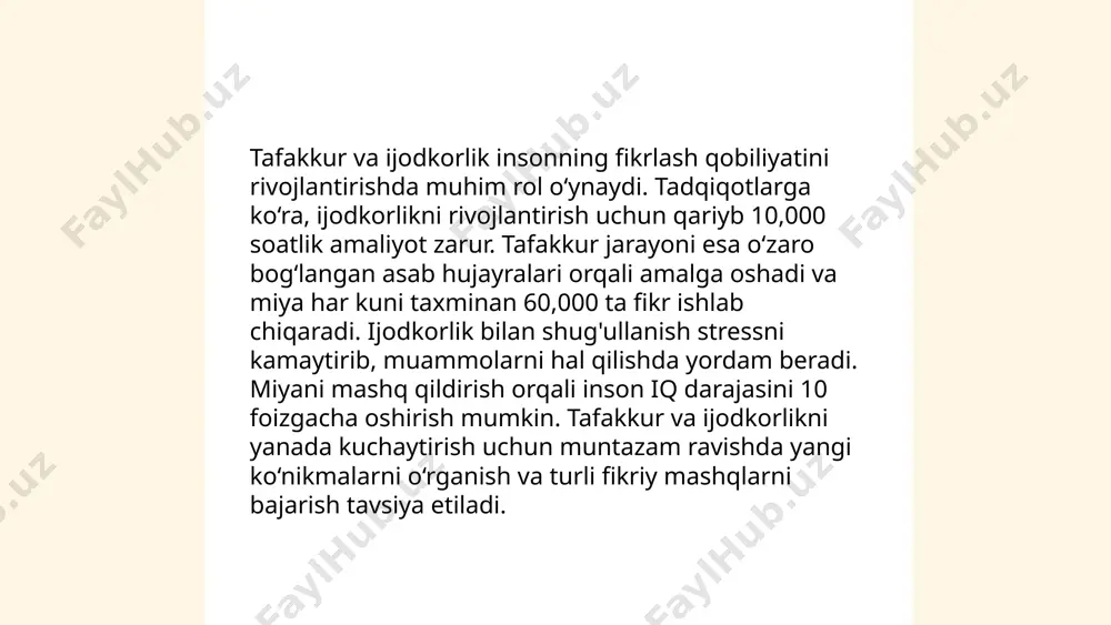 anish va nazorat qilish qobiliyatlariga bog'liqligini aniq qilishgan. deyarli 55% odamlarda bolaning go'daklik davrida rivojlanadigan tafakkur jarayonlari kelajakdagi qaror qabul qilish ko'nikmalariga ta'sir qiladi. ... t.me/slaydai_bot tafakkur va muammolarni hal etish inson ongining murakkab jarayonlaridan biridir. har bir inson bir kunda o‘rtacha 6-7 soat og‘ir tafakkur qilish imkoniyatiga ega. muammolarni hal etishda foydali bo‘lgan nog‘ora asosi (mind mapping) texnikasi 1970-yillarda toni buzan tomonidan ishlab chiqilgan. tagexozga ko‘ra, tafakkur samaradorligi ko‘pincha yaxshi uyqu va yo‘qlash imkoniyatlari bilan mustahkamlanadi. neyrobiologlar o‘rtacha olingan qarorlar sonini kuniga 35,000 deb baholashadi, bu esa davlat yoki tijorat sohalarida hal qilinishi kerak bo‘lgan muammolarni tez va sifatli yechishga yordam beradi. 2021-yilgi tadqiqotlar ko‘rsatadiki, kreativ tafakkur bilan shug‘ullanuvchilar ko‘proq innovatsion echimlarga erishadi. tafakkur norboboyeva mahliyo e'tiboringiz uchun raxmat! image1.png image2.png image3.png image4.jpg image5.jpg image6.png image7.jfif image8.jfif /docprops/thumbnail.jpeg