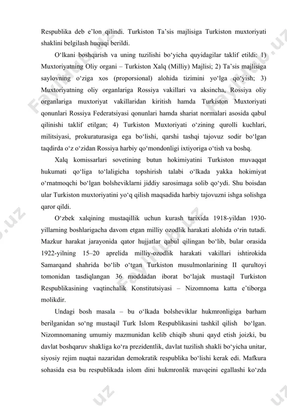 klar hukmronligiga barham berilganidan so‘ng mustaqil turk islom respublikasini tashkil qilish bo‘lgan. nizomnomaning umumiy mazmunidan kelib chiqib shuni qayd etish joizki, bu davlat boshqaruv shakliga ko‘ra prezidentlik, davlat tuzilish shakli bo‘yicha unitar, siyosiy rejim nuqtai nazaridan demokratik respublika bo‘lishi kerak edi. mafkura sohasida esa bu respublikada islom dini hukmronlik mavqeini egallashi ko‘zda tutilgan (shu davrdagi rasmiy ma’lumotlarga ko‘ra turkiston aholisining 95 foizini musulmonlar tashkil qilgan). diniy tolerantlik aks ettirilgan. nizomnomada turkistonda yashovchi barcha xalqlarning nufuzi, dini va mazhabidan qat’i nazar ularning milliy va diniy urf-odatlari, marosimlari, an’analarini amalga oshirish va ularga rioya qilish, milliy madaniyatini rivojlantirish, o‘z ona tilida bilim olishi uchun sharoit yaratilishi ko‘rsatilgan. shuningdek, unda 15 kishidan iborat muvaqqat hukumat – vazirlar mahkamasini tashkil qilishga e’tibor berilgan. hukumatga qurultoy tomonidan saylanadigan prezident boshchilik qilishi belgilangan. qurultoy tomonidan prezident, vitse-prezident va davlat kotibidan iborat tarkibda ijroiya qo‘mitasi tashkil qilinishi ham mustahkamlangan. namangan, andijon, marg‘ilon, qo‘qon va o‘sh okruglarining harbiy …