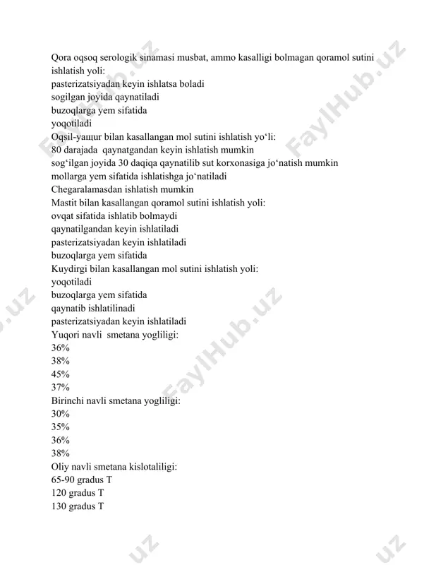 ning kislotaliligi: 220-225 230-250 225-230 240-260 sutning epidemiologik xavfsizlik korsatkichlari: koli-titr, umumiy mikroblar soni kislotaligi, zichligi. koli-indeks va yegliligi yogli, zichligi nordon bijgish mahsulotalari: mayenoz, yogurt qatiq, qimiz smetana, suzma kefir, suzma sutning aralash bijgish maxsulotlari: qatiq, kefir mayonez, suzma smetana, suzma yogurt, qatiq bakterial fazada sutni epidemiologik tomondan eng xavfli xususiyatlari nimadan iborat: bakteriotsidliligi achqimtilligi aralash barcha qayt etilganlar saryogda baliq tami paydo bolishi sababi: letsitin parchalanishi kislotaligining oshishi zamburuglarni kopayishi yoglarni parchalanishi saryogda zah tami paydo bolishi: zamburuglar osishi chirish bakteriyalarining osishi spora hosil qiluvchi bakteriyalar osishi letsitin parchalanishi sut maxsulotlari uchun moljallangan muzlatgichning ichki harorati: 2 gradus 3 gradus 8 gardus 10 gradus sut zavodi xojalik mintaqasi, ishlab chiqarish mintaqasidan qanday ajralib turishi lozim: 3 m kenglikdagi kokatlar bilan devor bilan 30 m kenglikdagi botalar bilan 3,5 m kenglikdagi asfalt bilan 50 t maxsulot ishlab chiqaradigan sut zavodida xojalik mintaqasi bilan ishlab chiqarish mintaqasi orasidagi masofa: 25 …