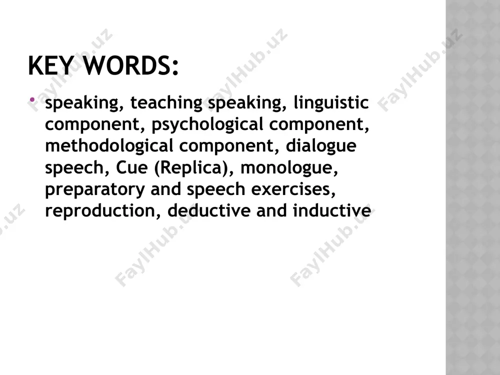 s a decision). the goal of teaching speaking the main goal of teaching to speak is developing learner`s abilities in accordance with their real needs and interests to communicate orally in different social and cultural situations 12 advantages of using speaking tasks in the language classroom 1. speaking provides opportunities to practice all four skills (listening, speaking, reading, and writing). 2. speaking supports development of critical thinking skills. 3. speaking promotes learning. 13 different types of conversation events transactional (a dialogue that you need to do if you want to get something done or get information. ex: at a bank, buy something interpersonal (dialogue by which people exchange information, feelings, and meaning through verbal and non-verbal messages) interactive non-interactive planned unplanned these distinctions allow us to describe an event such as a job interview in terms of purpose (largely transactional), participation (interactive) and planning (partly planned) 14 types of classroom …