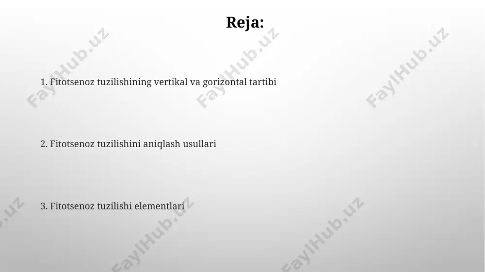 o'lib, 3-5 ta qavatdan tashkil topishi mumkin. tur tarkibi 10-20% dominant turlardan, 20-30% subdominant turlardan va qolganini esa aksessuar turlar tashkil etadi. ushbu nisbatlar biotop sharoitlariga bog'liq. fitotsenozning muhitga ta'siri o'simlik jamoalari havoda 20-30% gacha karbon dioksidni yutadi va kislorod ajratadi, bu global iqlim o'zgarishlariga qarshi kurashda muhim ahamiyatga ega. fitotsenozlar tuproqning eroziyasini 30-50% ga kamaytiradi, bu esa suv resurslarini saqlash va tuproq unumdorligini oshirishga yordam beradi. fitotsenozning biotik munosabatlari fitotsenozda 20 ga yaqin turdagi hasharotlarning polinasiyasi tufayli o'simliklarning 70% dan ko'prog'i changlanadi, bu esa biotik munosabatlarning muhim tarkibiy qismidir. raqobat, kommensalizm va mutualizm kabi 5 ta asosiy biotik o'zaro ta’sir turi fitotsenozning tuzilishi va barqarorligiga sezilarli ta'sir ko'rsatadi. e'tiboringiz uchun rahmat @taqdimot_robot image3.png image4.jpg image5.jpg image6.jpg image7.jpg image8.jpg image9.jpg image10.jpg image1.png
