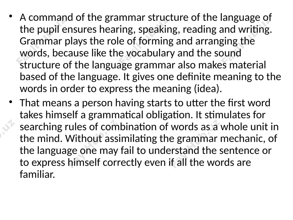 say. том ленага гул берди or ленага том гул берди without changing the meaning of the sentence. both in english and uzbek nouns have the category of case but there are 6 cases in uzbek while english nouns have only two (common and possessive). the english tense system also presents a lot of trouble to uzbek speaking pupils because of the difference which exists in these languages with regard to time and tense relations. for example, the pupil cannot at first understand why he must say i have seen him today and i saw him yesterday. for him, the action is completed in both sentences, and he does not associate it in any way with today or yesterday. the content of teaching grammar. the principles of selecting grammar material for teaching. «grammar», i.e., what is meant by «grammar»? this is the question to be answered before speaking about the selection …