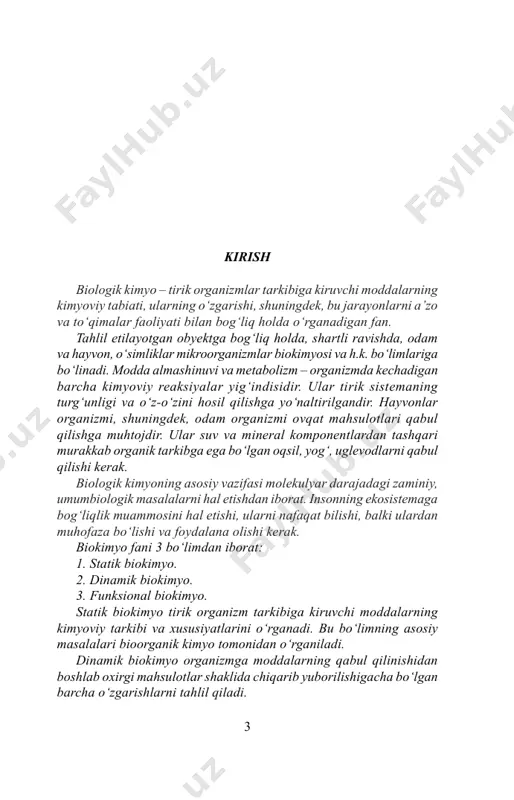 bu jarayonlar muvozanatining buzilishi kasallikning rivojlanishiga olib keladi. masalan, agarda organizmda katabolizm jarayonlari pasaysa, u yoki bu moddalarning to‘planishiga olib keladi va o‘z navbatida to‘planish kasalliklarini rivojlantiradi (glikogenoz, sfingolipidoz va boshqalar). irsiy kasalliklar alohida o‘rinni egallaydi, chunki ularda, hujayra genetik apparatida u yoki bu moddalar sintez nazoratining buzilishi mavjud. shuning uchun, bo‘lajak shifokor, tirik organizmda ularning rivojlanish mexanizmini tushunish uchun biokimyoviy jarayonlarni yaxshi bilishi kerak. so‘nggi paytlarda klinik biokimyo jadal rivojlanmoqda, klinik laboratoriyalarda kasalliklarning kelib chiqish sabablarini aniqlash uchun sharoitlar yaratilgan bo‘lib, tashxis usullari takomillashtirilmoqda. i bob oqsillar va ularning funksiyasi oqsillarning tirik tabiatdagi muhim ahamiyatini hisobga olib, shuningdek, oqsillarning tirik organizm massasining yarmini tashkil etishi va qator ajoyib xususiyatlarga ega bo‘lishi, oqsil strukturasi va funksiyasini tushunish, biologiya va tibbiyot uchun muhim muammolarni yechishda asos bo‘lishi, tibbiyot institutlarida biokimyo kursini o‘rganishni – shu sinf, organik moddalardan boshlashni taqozo etadi. tirik organizmlar uchun xos bo‘lgan turli-tuman va juda ko‘p funksiyalarni oqsillar …