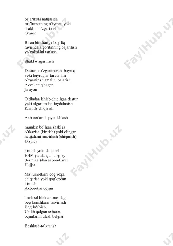 h va ularga baho berishda ju shuning uchun ham algoritmlarni maxsus blok tasvirlar orqali ifodalash barcha tomonidan o`abul qilingan. algoritm ishlab chiqishning boshlang`ich bosqichida algoritmni yozishning eng qulay usuli algoritmning blok-sxemasidir. algoritmning blok-sxemasi berilgan algoritmni amalga oshirishdagi amallar -ke gining grafik tasviridan iborat. blok-sxemada masalani yechish hla mos simvollar: tog`ri to`rtburchak, romb, doira va anu chi alohida bloklar ko`rinishida beriladi. blok-sxema simvollari ichida hisoblashlarning qanday amalga oshirilishi va tegishli bosqichlari ko`rsatiladi. demak, algoritm blok tasviri berilgan algoritmni amalga oshirishda -ketligining oddiy tildagi tasvirlash elementlari bilan to`ldirilgan grafik tasviridir. algoritmning har bir qadami blok tasvirda biror bir geometrik shakl yoki simvol bilan ko`rsatiladi. algoritm blok tasvirlarini chizish qoidalari gost 19.002-80 da aks ettirilgan va har qanday blok tasvir chizayotganda ushbu qoidalarga rioya o`ilinishi kerak. bu standart halo`aro iso 2636-73 ga aynan mos keladi. yana bir davlat standartida gost 19.003-80 (iso 1028-73) algoritm va dasturlar blok tasvirlarida qo`llaniladigan simvollar ro`yxatini, bu simvollarning …