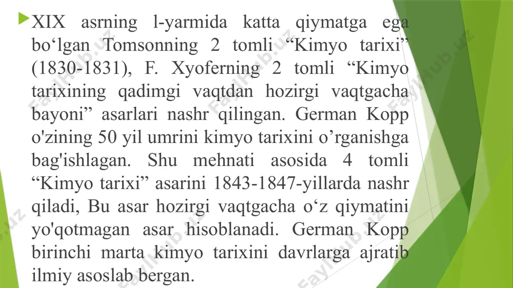 idan olingan qalay – «olu» yoki «olovina» (lotin tilida oleum – yog‘) qadimgi yetti metal mis – er.av. 9000 yil oltin - er.av. 9000 yil kumush – er.av. 5000 yil qalay – er av. 4000 yil qo‘rg‘oshin - 6000 yil temir –er.av. 2000 yil simob - er.av.2000 yil eramizdan avvalgi qadimgi dunyoning rivojlangan yirik davlatlari. osiyoda – hindiston, xitoy, o‘rta osiyo, ossuriya, vaviloniya afrikada – misr issiq iqlim, harbiy yurishlar va ko‘plab qullarga ega bo‘lish hunarmandchilikning rivojlanishiga olib keldi. eramizdan avvalgi amaliy kimyo amaliy kimyo eramizdan 8-5 ming yil ilgari misrliklar, yunonliklarda shaklana boshlagan. kulolchilik, bo‘yoq, mumiyolash, dori, malham, kley, porox er. av. davrlarda misrda keng tarqalgan. kinovar- xitoyda er.av. 1 ming yilikda bo‘yoq sifatida ishlatilgan. misr, mesopotamiya, hindiston va xitoyda keramika va shisha er.av iii ming yil oldin ishlatilgan. qadimgi misrda “papirus” qog‘ozlari keng ishlatilgan. nil liliyasidan papiruslar tayyorlangan. eni 30-40 sm, uzunligi 40 m bo‘lgan papiruslar tayyorlangan image1.png …