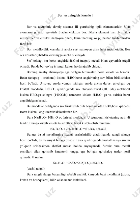 ikmalari asbob va idishlar. 1) texno-kimyoviy tarozi (toshlari bilan). 2) shtativ (halqasi bilan). 3) payvandlash gorelkasi. 4) gorelka. 5) temir tigel. 6) chinni tigel. 7) chinni uchburchaklik. 8) chinni hovoncha. 9) chinni kosacha (kattasi). 10) voronka 11) uchiga platina yoki xrom nikel sim o’rnatilgan shisha tayoqcha. 12) 100 ml li stakan. 13) tigel qisqichi. 14) shtativ (probirkalari bilan). reaktiv va materiallar. 1) maginy (kukuni). 2) alyuminiy (plastinkalar, qirindisi). 3) natriy tetraborat na2b4o710h2o (bura). 4) borat kislota h3bo3 5) alyuminiy sulfat al2(so4)3-18h2o 6) kaliy sulfat k2so4 7) lakmusli qog`oz 8) filtr qog`oz. 9) jilvir qog`oz. 10) paxta 11) har xil rangli siyohlar. eritmalar 1) nitrat kislota hno3 (kons. va 2 n). 2) sulfat kislota h2so4 (kons va 2 n). 3) xlorid kislota hcl (2 n). 4) o’yuvchi natriy naoh (30% li va 2 n.) 5) natriy tetraborat na2b4o7 (to’yingan) 6) kobalt xlorid cocl2 (kons) 7) kobalt nitrat co(no3)2 (0.1 n) 8) …