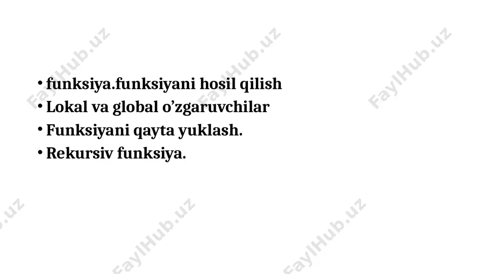 double max (double a, double b) { if (a>b) return a; return b; } int main( ){ cout 0 qiymat berilsa, quyidagi holat ro‘y beradi: shart operatorining else shoxidagi qiymati (n qiymati) stekda eslab qolinadi. hozircha qiymati noma’lum n-1 faktorialni hisoblash uchun shu funksiyaning o‘zi n-1 qiymati bilan bilan chaqiriladi. o‘z navbatida, bu qiymat ham eslab qolinadi (stekka joylanadi) va yana funksiya chaqiriladi va hakoza. funksiya n=0 qiymat bilan chaqirilganda if operatorining sharti (!n) rost bo‘ladi va «return 1;» amali bajarilib, ayni shu chaqirish bo‘yicha 1 qiymati qaytariladi. shundan keyin «teskari» jarayon boshlanadi - stekda saqlangan qiymatlar ketma-ket olinadi va ko‘paytiriladi: oxirgi qiymat - aniqlangandan keyin (1), u undan oldingi saqlangan qiymatga 1 qiymatiga ko‘paytirib f(1) qiymati hisoblanadi, bu qiymat 2 qiymatiga ko‘paytirish bilan f(2) topiladi va hakoza. jarayon f(n) qiymatini hisoblashgacha «ko‘tarilib» boradi. bu jarayonni, n=4 uchun faktorial hisoblash sxemasini 1-rasmda ko‘rish mumkin rekursiv funksiyalarni to‘g‘ri amal qilishi uchun …