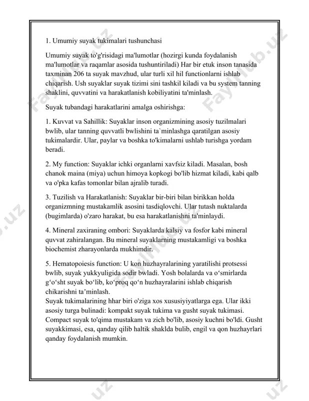 3. m zahira va omborkhonaralcal: suyaklar va phoshorus kabi mineral katta mikdorini saklashga hizmat qiladi. suyak matiyasining tahminan 99% kaltsiy va suyaklarda qaerda. shu yo'sinda suyak to'qimasi organizmdagi elektrolit muvozanini saklab turishda ishtirok etish bosqichi 4. kon ishlab chikarish: suyak ichidagi qizil kwmak (suyak iligi) hematopoiesis zharayoni orkali qo'n huzhayralari (erythrocyte, leykocyte, platelet) ishlab chikarishda katnashadi. inson organizmida har kuni taxminan 200 milliard eritrosit ishlab chikiladi. 5. nergy of zahir issiqlike: suyak qovogidagi sariq qumak (zhirli bone iligi) zarur bulgan hollard energiya manbai sifatida foidalanilishi mumkin. sariq ko'mak yo'qlarni saklashda yaxshi adaptirlangan bulib, o'smirlik va kattalar yosh kelajakda yanada muhim kasb etadi. 6. filtration va secretion: suyak tukimasi ichki orkali toxinlarni utilization qilish va ularni zararsizlantirsa ishtirok etadi. masalan, radionuclide kabi ogir metallarning yosilgan qismi suyak tukimasida saklanadi. 7. gormonal rol: suyak tukimasi osteocalcin kabi hormonlar ishlab chikarishda ishtirok etish bosqichi. osteocalcin insulin mikdorini nazorat qilishda va vaznni kamaitirisda muhim …