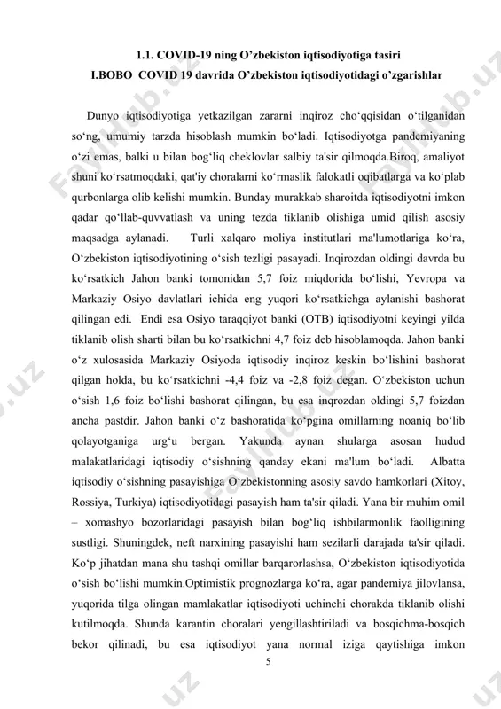 mi pasayishiga olib kelishi mumkin.jahon bankining xalqaro migratsiya va uy xo‘jaliklari farovonligi masalalariga bog‘liq izlanishlari natijasiga ko‘ra, pul o‘tkazmalari to‘xtasa, o‘zbekistonda kambag‘allik darajasi 16,8 foizga oshadi.pul o‘tkazmalarining to‘xtashi iste'molga ham salbiy ta'sir qiladi, chunki uy xo‘jaliklari ularning katta qismini iste'molga va uy sharoitlarini yaxshilashga sarflamoqda. jahon banki ma'lumotiga ko‘ra, pandemiya sharoitida pul o‘tkazmalari 50 foizdan ham ortiq miqdorda pasayadi.qayd etish joizki, karantin cheklovlari o‘zbekistonning ko‘plab sohalariga salbiy ta'sir o‘tkazdi. umumiy ovqatlanish, turizm va mehmonxona, xizmatlar sohasi jiddiy talafot ko‘rdi. cheklovlar tufayli zarar ko‘rmagan soha deyarli qolmadi. ayniqsa kichik biznesga juda og‘ir bo‘ldi, chunki bunday sharoitda uning tezda tiklanib olishi osonmas. shu sababdan, iqtisodiy pasayish hajmini bashorat qilish mushkul. voqealar rivojining ijobiy ssenariysida, shuningdek, hukumat tomonidan iqtisodiyotni qo‘llab-quvvatlash choralari ko‘rilayotgani, muhtojlarga yordam berilayotgani sharoitida iqtisodiyot shu yilning uchinchi chorakdan tiklanib olinishini kutish mumkin.biroq, men bir qancha salbiy ta'sirlarni ham kutyapman. masalan, iqtisodiyotni qo‘llab-quvvatlash, sog‘liqni-saqlash, ijtimoiy soha uchun yo‘naltirilgan xarajatlar, shuningdek, bojxona …