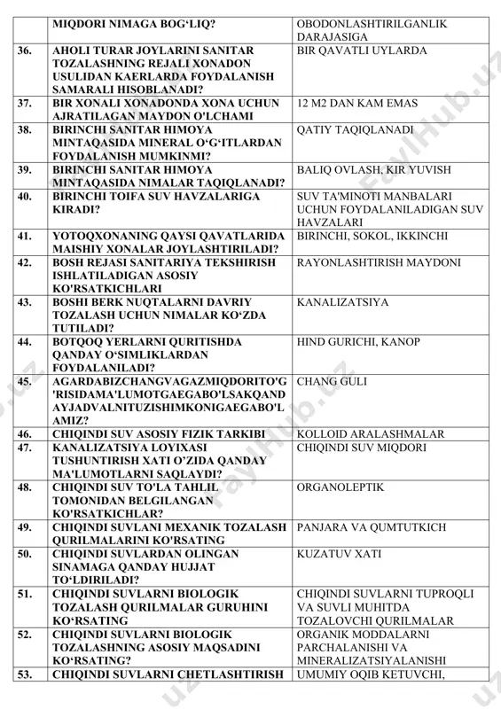 atiladigan asosiy ko'rsatkichlari rayonlashtirish maydoni 43. boshi berk nuqtalarni davriy tozalash uchun nimalar ko‘zda tutiladi? kanalizatsiya 44. botqoq yerlarni quritishda qanday o‘simliklardan foydalaniladi? hind gurichi, kanop 45. agardabizchangvagazmiqdorito'g'risidama'lumotgaegabo'lsakqandayjadvalnituzishimkonigaegabo'lamiz? chang guli 46. chiqindi suv asosiy fizik tarkibi kolloid aralashmalar 47. kanalizatsiya loyixasi tushuntirish xati o’zida qanday ma'lumotlarni saqlaydi? chiqindi suv miqdori 48. chiqindi suv to'la tahlil tomonidan belgilangan ko'rsatkichlar? organoleptik 49. chiqindi suvlani mexanik tozalash qurilmalarini ko'rsating panjara va qumtutkich 50. chiqindi suvlardan olingan sinamaga qanday hujjat to‘ldiriladi? kuzatuv xati 51. chiqindi suvlarni biologik tozalash qurilmalar guruhini ko‘rsating chiqindi suvlarni tuproqli va suvli muhitda tozalovchi qurilmalar 52. chiqindi suvlarni biologik tozalashning asosiy maqsadini ko‘rsating? organik moddalarni parchalanishi va mineralizatsiyalanishi 53. chiqindi suvlarni chetlashtirish tizimlarini ayting umumiy oqib ketuvchi, alohida, yarim alohida 54. chiqindi suvlarni mexanik tozalash bosqichida qo‘llaniladigan va ilni qayta ishlovchi qurilmalarga nimalar kiradi? septik, ikki yarusli 55. chiqindi suvlarni tuproq usulida tozalash qurilmalarini ko‘rsating biofiltr, aerofiltr, filtratsiya dalalari 56. …