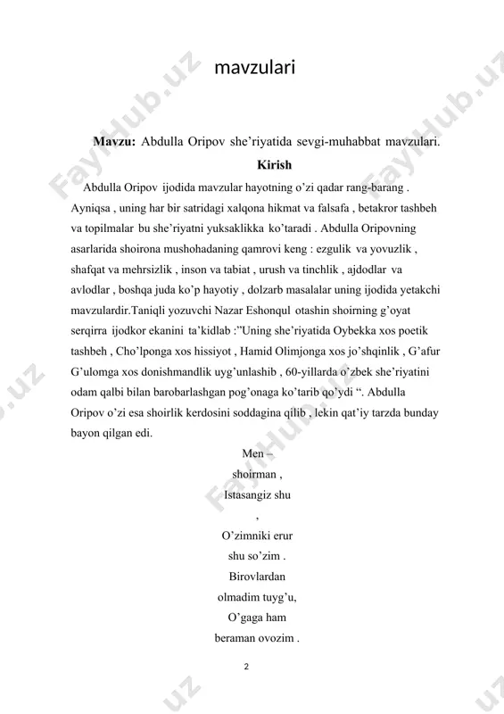 lduz “ deb nomlangan ilk she’riy to’plamidan o’rin olgan va boshqa betakror she’rlari adabiyot ixlosmandlari o’rtasida qo’lma –qo’l bo’lib , ular tomonidan darhol yod olinganini, ba’zilari qo’shiq sifatida mashhur bo’lib ketganini juda yaxshi bilamiz. qilni qirq yoradigan munaqqidlarning e’tirof etishlaricha , abdulla oripovning shoir sifatidagi salohiyati avvalo o’z eli , o’z yurtiga cheksiz mehr- muhabbati , hamisha xalq dardi bilab yonib, unda ilhom olib yashagani , binobarin , 1 chuqur xalqchilligi , hayotiy salmog’i , milliy ruhi bilan belgilanadi . taniqli adabiyotshunosh umarali normatovning guvohlik berishicha , bir guruh shoir va adiblar atoqli yozuvchimiz abdulla qahhorning bog’ida sayr qilib yurishganlarida said ahmad ustoz abdulla qahhorga : siz “otmishdan ertakalar “ qissangizga mittigina boshlovchi shoir abdulla oripov satrlarini epigraf qilib keltiribsiz , - debdi andak quvlik bilan . shunda abdulla qahhor biroz sukut saqlab , xayolga tolib : bu borada ko’p o’ylab ko’rdim , - debdi. so’ng : - oldinroq abdullajon …