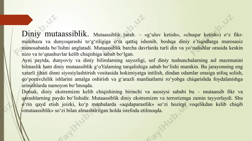 ralishi mumkin emas. islom shiorlaridan tanlab foydalanadigan, dinning asl mohiyatini buzib talqin qiladigan ekstremistik tuzilmalar xuddi yuqoridagi kabi go‘yoki, keng xalq ommasi bilan uzviy birlik mavjudligini ko‘rsatish, aslida esa jamiyatda tartibsizlik va parokandalikni yuzaga keltirish uchun mablag‘ yig‘ish, asosiy tahdid manbai sifatida odamlar ongini egallash, jamiyatda beqarorlik keltirib chiqarish aqidaparastlik (arab. – «aqida» – «ishonch», «biror narsani ikkinchisiga bog‘lash») muayyan sharoitda, biron-bir g‘oyaga qat’iy ishonib, uni mutlaqlashtirish asosida shakllangan qoida va tartiblarni sharoit, holat, vaziyatni hisobga olmagan holda, ko‘r-ko‘rona qo‘llash yoki shunga urinishni anglatadi. u muayyan qonun va qoidalar ta’sir doirasini sun’iy kengaytirishga urinishda yorqin namoyon bo‘ladi. 2. terrorizm tushunchasi va uning asosiy belgilari. terrorizm (lotincha – «qo‘rqitish», «vahimaga solish») – aholining keng qatlamlarida vahima va qo‘rquv uyg‘otish, jamiyatda beqarorlik keltirib chiqarish orqali davlat hokimiyatini egallash maqsadiga qaratilgan jinoiy faoliyatdir. demak, terror, terrorchilik faoliyati, terrorchi birgalikda bir butun hodisa sifatida terrorizmni tashkil etadi. hozirgi davrda u global miqyos kasb etib, …