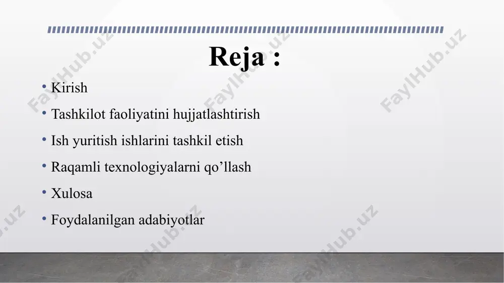 kiliy-texnik xizmatlarning funktsiyalaridan tashqari, hujjatlar bilan ishlashni tashkil etish vazifalarini ham o'z zimmasiga oladi. raqamli texnologiyalarni qo’llash raqamli texnologiyalarning jadal rivojlanishiga qaramay, ko'plab tashkilotlar o'zlarining ish oqimlarini optimallashtirish uchun kurashmoqdalar. ular qog'oz yozishmalarni eskicha usulda olib borishda davom etadilar va odatdagi ro'yxatga olish kitoblarini yuritadilar. bu ikkita omilga bog'liq: korxona xodimlarining yangiliklariga qarshilik ko'rsatish; moliya etishmasligi. ofis ishi quyidagilar bo'lishi mumkin: umumiy - kompaniyaning asosiy faoliyatiga tegishli, kadrlar - kadrlar bo'limi tomonidan olib boriladigan xodimlar to'g'risidagi hujjatlar uchun, maxfiy - ba'zi davlat tuzilmalarida topilgan va o'zini tutish me'yorlariga ega, elektron - ma'lumotning bir qismi raqamli formatda uzatilganda. korxonada elektron hujjat aylanishi tartibi ichki tartib va ​​tegishli tartib bilan tartibga solinadi. eri to'g'risidagi nizom - bu hujjat aylanishini ta'minlash uchun barcha shart-sharoitlarni tavsiflovchi ko'rsatma turi: hujjatni qanday yaratish, qabul qilish, tekshirish, saqlash, tahrirlash, imzolash, yo'q qilish va hokazo. har bir protsedurani belgilash maqsadga muvofiqdir. edi buyrug'i kompaniyada ma'lum bir sanadan boshlab …