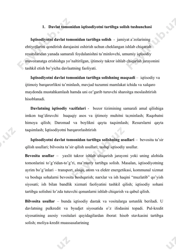 ro muvofiqlashtirilgan holda xo‘jalik yuritish, takror ishlab chiqarish nisbatlarini ongli ravishda tartibga solish, yirik ishlab chiqarish majmualari, yaxlit iqtisodiyotni markazlashtirilgan holda boshqarishga ob’ektiv ehtiyoj paydo bo‘ladi. shunga ko‘ra, iqtisodiyotni davlat tomonidan tartibga solish ishlab chiqarish munosabatlarining har qanday tizimida ishlab chiqarish umumlashuvining ma’lum darajasida ob’ektiv zaruriyatga aylanadi. iqtisodiyotni davlat tomonidan tartibga solish deganda davlatning jamiyat a’zolarining ehtiyojlarini qondirish darajasini oshirish uchun cheklangan ishlab chiqarish resurslaridan yanada samarali foydalanishni ta’minlovchi, umumiy iqtisodiy muvozanatga erishishga yo‘naltirilgan, ijtimoiy takror ishlab chiqarish jarayonini tashkil etish bo‘yicha faoliyati tushuniladi. bozor xo‘jaligi sharoitida iqtisodiyotni davlat tomonidan tartibga solish qonunchilik, ijro etish va nazorat qilish xususiyatidagi tadbirlar tizimidan iborat bo‘ladi. hozirgi sharoitda iqtisodiyotni davlat tomonidan tartibga solish takror ishlab chiqarish jarayoniga tegishli bir qator vazifalarni hal qilishga qaratiladi. bular jumlasiga iqtisodiy o‘sishni rag‘batlantirish, bandlikni tartibga solish, tarmoq va mintaqaviy tuzilmalardagi ijobiy siljishlarni qo‘llab-quvvatlash, eksportni himoya qilish kabilarni kiritish mumkin. iqtisodiyotni davlat tomonidan tartibga solish mexanizmi to‘g‘risida to‘laroq …