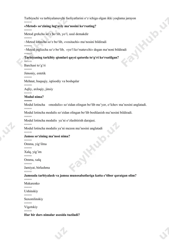 uqli asosiy bo‘limlar berilgan? ==== umumiy pedagogika, ta’lim nazariyasi, tarbiya nazariyasi, maktabshunoslik, pedagogika tarixi. ==== ~umumiy pedagogika, ilmiy tadqiqot metodi, ta’lim nazariyasi. ==== ~umumiy pedagogika, bolalar ijodini o‘rganish, meditsina pedagogikasi. ==== ~umumiy pedagogika, shaxs muammosi, maktabgacha tarbiya pedagogikasi ++++ tarbiyaning usullarini ayting? ==== jazo, rag‘batlantirish ==== so‘z orqali ifodalash, rag'batlantirish, ko‘rgazmalilik, amaliy namuna ==== maslahat, ko‘rgazmali!ik, tushuntirish ==== mas’uliyat, ko‘rgazmalilik ++++ o‘quv dasturi – bu: ==== fanning maqsadidan, o‘quv rejasi bo‘yicha ajratilgan soat va bilim hajmi uning tizimi mavjud jamiyatning g‘oyaviy-siyosiy yo‘nalishini o‘zida aks ettiradigan davlat hujjatidir. ==== fanning maqsadini belgilab beruvchi hujjat. ==== o‘qituvchining faoliyatini belgilab beradigan hujjat. ==== dars tizimi va uning qonun-qoidalarini belgilab beradigan hujjat ++++ tarbiya metodlari qaysi qatorda to‘g ‘ri berilgan? ==== #ogohlantirish, tanbeh berish, uyaltirish, ==== rag‘batlantirish va jazo ==== so‘z orqali ifodalash, ko‘rgazmalilik, amaliy namuna, rag‘batlantirish va jazo ==== o‘rgatish, ogohlantirish, o‘qitish ++++ mahorat bu ...? ==== murakkab ishni tez, aniq bajarishning yengilligi, …
