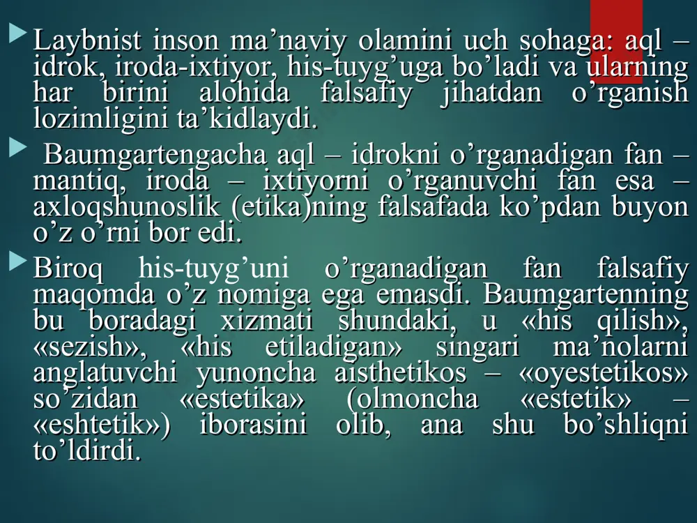 ning tug‘maligi, tabiiyligi va uni anglab etish orqali xis qilish borasida hozir ham baxsli qarashlarning mavjudligi g‘azzoliy o‘rtaga tashlagan estetika muammolari hanuz dolzarb ekanini tasdiqlaydi. umumestetik kategoriyalar nafosat dahshatlilik mubolag‘a garmoniya hazil forig‘lanish qahramonlik ideal latofat go‘zallik fojeaviylik kulgulilik ulug‘vorlik hunuklik disgarmoniya go‘zallik - ma’naviy va moddiy xususiyatga ega bo‘lgan, ijtimoiy hayotda favqulodda ahamiyat kasb etuvchi tushuncha bo‘lib, narsa-hodisalarning inson tafakkurida lazzatning uyg‘unlik, me’yor, hamohanglik, mutanosiblik, maqsadga muvofiqlik asosida namoyon bo‘lishidir. tabiat estetikasi insonni uyg‘unlikka asoslangan go‘zallikni ko‘rish, xis qilish, zavqlanish va qadrlashga o‘rgatadi. chunki, tabiat go‘zalligi ko‘z bilan ko‘rish, qalb bilan his etish va harakat bilan barpo etish orqali idrok etiladi. bu jarayon uchta jihatni to‘laqonli anglash va munosabatda bo‘lishni taqozo etadi. bu: a) tabiiy organizmning o‘ziga xos tuzilishi va o‘zaro mutanosibligini; b) doimiy harakatda, rivojlanishda bo‘lgan jonli organizmning o‘ziga xos xususiyatlarni; v) tabiiy ob’ektlarga xos bo‘lgan dekorativ nafosatni. bunday hodisa odatda san’at orqali etkazib beriladi. ekoestetikaning xxi asr …