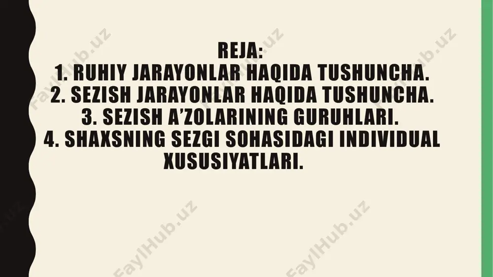 ichak, jigar, o’pkada bo’ladi. ovqat hazm qilish, nafas olish, qon aylanish a’zolari va shunga o’xshash ichki a’zolardagi jarasnlar (qo’zg’alish) vujudga keltiradigan sezgilar shu retseptorlar yordamida bilinadi. shaxsning sezgi sohasidagi individual xususiyatlari birinchi navbatda sezgi bo’sag’alariga bog’likdir. har qanday ta’sir ham, sezgiga sabab bo’la olmaydi. sezgining paydo bo’lishi uchun ob’ektdan keluvchi qo’zg’atuvchi ma’lum kuchga ega bo’lishi, ya’ni bo’sag’adan yuqori bo’lishi kerak. arang seziladigan sezgiga sabab bo’ladigan qo’zg’alishning eng past me’yori mutloq (quyi, minimal) bo’sag’a deyiladi. eng past qo’zg’atuvchining ta’sirini seza olish qobiliyati mutloqsezgirlikdeyiladi. sezgining mutloq bo’sagasi qanchalik past bo’lsa, mutloq sezgirlik shunchalik yuqori bo’ladi. sezgilarda arang seziladigan farqqa sabab bo’ladigan qo’zg’atuvchi kuchidagi o’ta bilinar-bilinmas o’zgarish farqlash busag’asi deyiladi. farklash bo’sag’asi qanchalik past bo’lsa, farklash sezgirligi shunchalik yuqori bo’ladi. inson uchui farklash bo’sag’asi: nurga nisbatan 1/100, tovushga—1/yu, og’irlikka—1/30 ga teng. /docprops/thumbnail.jpeg
