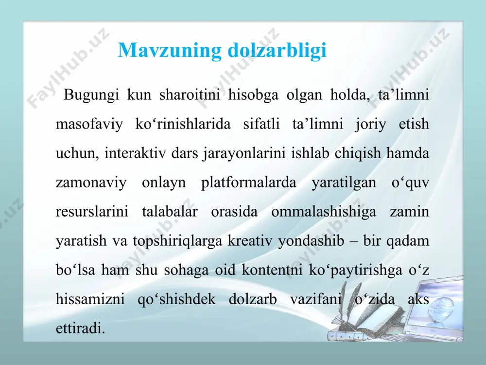 talabalar boʻlimi” uchun mobil ilova ishlab chiqish 2.2. android dasturida “iqtidorli talabalar” uchun mobil ilova ishlab chiqish 2.3. mobil ilovalarni yaratish bosqichlari. 2.1. oliy ta’lim tizimida iqtidorli talabalar bo‘limi uchun mobil ilova ishlab chiqish dastur algoritmi dastur algoritmi dasturni ishlash sxemasi mobil ilovalarni yaratish bosqichlari. jarayon - dasturiy ta'minotni ishlab chiqish jarayoni dasturiy ta'minotni ishlab chiqish davridir (sdlc-software development lifecycle-dasturiy ta’minotni hayot sikli). biz sdlc-ning mobil ilovalarni ishlab chiqish bilan bogʻliq barcha bosqichlarini koʻramiz, jumladan: gʻoya; dizayn; ishlab chiqish; sinovdan oʻtkazish; amalga oshirish (tarqatish) va qoʻllab-quvvatlash. iii bob. “iqtidorli talabalar boʻlimi” uchun ishlab chiqilgan mobil ilovalarning amaliy ahamiyati 3.1. iqtidorli talabalarni aniqlashda yoʻnalish boʻyicha mas’ul xodimning ish rejasi 3.2. iqtidorli talabalarni aniqlashda mobil ilovadan foydalanish yoʻriqnomasi 3.3. iqtidorli talabalarni izlash, aniqlash va maqsadli tayyorlashning asoslari iqtidorli talabalarni aniqlashda mobil ilovadan foydalanish yoʻriqnomasi mobil ilova (inglizcha: mobile app) — maʼlum bir platforma (ios, android, windows phone va boshqalar) uchun ishlab chiqilgan …