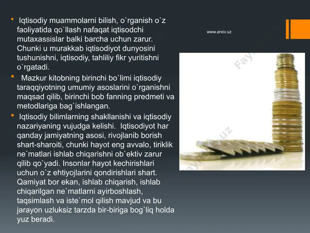 li mahsulotlar, buyumlar yig`indisi bo`lib, u natural xo`jaliklarda yaratiladi. aristotelning fikricha, natural xo`jalik bu — ideal — kam-ko`stsiz xo`jalik. ularning boy-kambag`allik darajasi er va unga ishlov beruvchi qullar (aristotelning iborasi bilan aytganda «gapiruvchi mehnat qurollari») miqdoriga bog`liq deb ko`rsatgan. qadimgi rim mutafakkirlari asosiy diqqat-e`tiborlarini miloddan avvalgi qishloq xo`jalik muammolariga, qullar mehnatini tashkil etish, erga mulkchilik masalalariga qaratishgan. ular orasida varron (miloddan avvalgi 116—27 yillar), m. katon (miloddan avvalgi 234—149 yillar), kolumella (miloddan bir asr avval) va boshqalar ajralib turadilar. www.arxiv.uz milodning dastlabki ming yilligidan iqtisodiy fikr, iqtisodiy ta`limot rivojida din muhim rol o`ynadi. iqtisodiy qarashlarda tub o`zgarishlar yuz berdi. bu eng avvalo, quldorlikni qoralashda ko`rinadi. iqtisodiy qarashlarning rivojlanishida muqaddas kitoblar — «tavrot», «zabur», «injil» va, ayniqsa, «qur`on» katta ahamiyatga ega. ana shu davrda o`rta osiyoda iqtisodiy tafakkurning rivojlanishi buyuk allomalarimiz forobiy, ibn sino, beruniy, yusuf xos hojib, navoiy va boshqalarning nomi bilan bog`liq. ularning asarlarida iqtisodiy qarashlar bir butun holda …