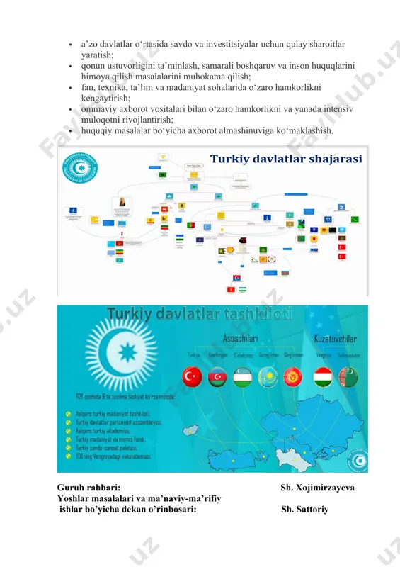 ib turadi. mazkur hujjatda, shuningdek, tashkilotning vazifa va maqsadlari, tuzilmasi, hamkorlik turlari, tashkilot tarkibidagi kengash va qo‘mitalar, budjet, imtiyozlar, xalqaro munosabatlar va nizolarni hal etish masalalari haqida ma’lumotlar keltirib o‘tilgan. tashkilotning maqsad va vazifalari naxchivan shartnomasining 2-moddasida bayon qilingan bo‘lib, jumladan quyidagilarni qamrab oladi: · tomonlar o‘rtasida o‘zaro ishonch, do‘stlik va yaxshi qo‘shnichilik munosabatlarini mustahkamlash; · mintaqada va uning tashqarisida tinchlikni ta’minlash va xavfsizlikni mustahkamlash; · tashqi siyosat masalalari bo‘yicha umumiy pozitsiyalarni qabul qilish; · umumiy maqsadlarga taalluqli barcha sohalarda samarali mintaqaviy va ikki tomonlama hamkorlikni rivojlantirish; · a’zo davlatlar o‘rtasida savdo va investitsiyalar uchun qulay sharoitlar yaratish; · qonun ustuvorligini ta’minlash, samarali boshqaruv va inson huquqlarini himoya qilish masalalarini muhokama qilish; · fan, texnika, ta’lim va madaniyat sohalarida o‘zaro hamkorlikni kengaytirish; · ommaviy axborot vositalari bilan o‘zaro hamkorlikni va yanada intensiv muloqotni rivojlantirish; · huquqiy masalalar bo‘yicha axborot almashinuviga ko‘maklashish. guruh rahbari: sh. xojimirzayeva yoshlar masalalari va ma’naviy-ma’rifiy ishlar …