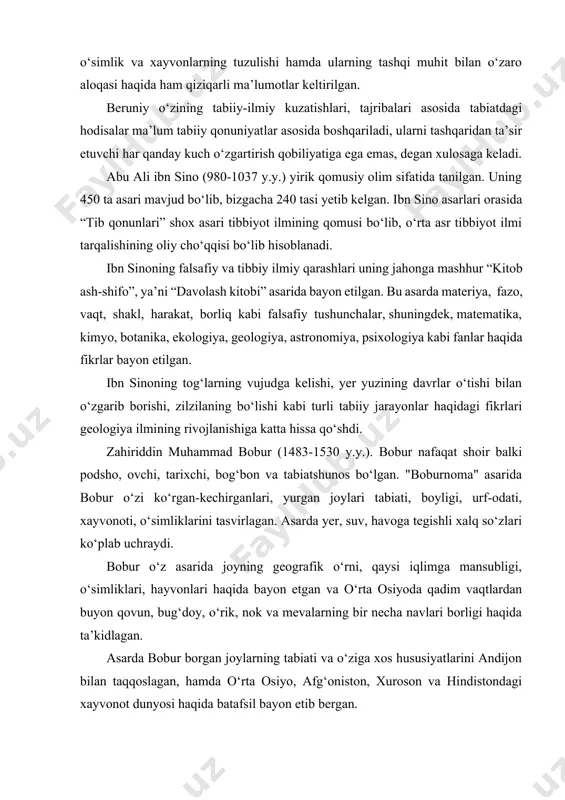 i, yurgan joylari tabiati, boyligi, urf-odati, xayvonoti, o‘simliklarini tasvirlagan. asarda yer, suv, havoga tegishli xalq so‘zlari ko‘plab uchraydi. bobur o‘z asarida joyning geografik o‘rni, qaysi iqlimga mansubligi, o‘simliklari, hayvonlari haqida bayon etgan va o‘rta osiyoda qadim vaqtlardan buyon qovun, bug‘doy, o‘rik, nok va mevalarning bir necha navlari borligi haqida ta’kidlagan. asarda bobur borgan joylarning tabiati va o‘ziga xos hususiyatlarini andijon bilan taqqoslagan, hamda o‘rta osiyo, afg‘oniston, xuroson va hindistondagi xayvonot dunyosi haqida batafsil bayon etib bergan. tabiat bilan tanishtirish metodikasining fan sifatida shakllanishi va rivojlanishi ta’lim-tarbiyaning o‘z oldiga qo‘ygan maqsadi va vazifalarini yaxshi bilmasdan turib yosh avlodni tabiat bilan tanishgirishda ularni maqsadga muvofiq tarbiyalab bo‘lmaydi. buning uchun xalq manfaatlarini aks ettiruvchi tarbiyaning maqsadlari to‘g‘risidagi tasavvur qanday vujudga kelgan va bu tasavvurlar keyinchalik qanday rivojlanganligi hamda pedagogik tomondan qanday ta’rif va tavsif berilganini eslash maqsadga muvofiqdir. shuni aytish kerakki, hayotda har bir fanning yuzaga kelishi hayotiy zarurat natijasidir. bolalarni tabiat bilan …