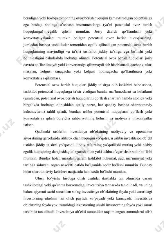 shi mumkin. ulush bo’yicha hisobga olish usulida, dastlabki tan olinishda qaram tashkilotdagi yoki qo’shma korxonadagi investitsiya tannarxda tan olinadi, va uning balans qiymati xarid sanasidan so’ng investitsiya ob’ektining foyda yoki zararidagi investorning ulushini tan olish paytida ko’payadi yoki kamayadi. investitsiya ob’ektining foyda yoki zararidagi investorning ulushi investorning foyda yoki zarari tarkibida tan olinadi. investitsiya ob’ekti tomonidan taqsimlangan summalarni olish natijasida investitsiyaning balans qiymati kamayadi. investitsiya ob’ektining boshqa umumlashgan daromadidagi o’zgarishlardan yuzaga keladigan investitsiya ob’ektidagi investorning ulushidagi o’zgarishlar natijasida ham investitsiyaning balans qiymatini to’g’rilash zarur bo’lishi mumkin. bunday o’zgarishlar asosiy vositalarni qayta baholashdan va bir valyutadan boshqa valyutaga o’tkazishdagi valyuta kursi farqlaridan yuzaga keladigan o’zgarishlarni o’z ichiga oladi. ushbu o’zgarishlardagi investorning ulushi investorning boshqa umumlashgan daromadida tan olinadi (bhxs 1 “moliyaviy hisobotlarni taqdim etish” ga qarang). investitsiya ob’ekti tomonidan taqsimlangan summalarni olish natijasida tan olinadigan daromad qaram tashkilotdagi yoki qo’shma korxonadagi investitsiyadan investor tomonidan ishlab topilgan daromadning maqbul o’lchovini anglatmasligi mumkin, …