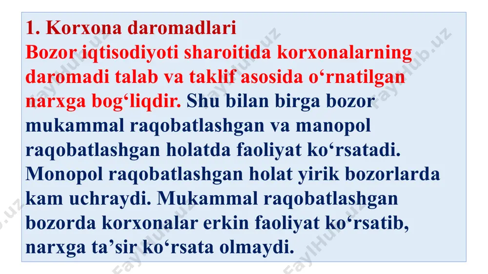 da yalpi tushum mahsulot (ishlar, xizmatlar)ni sotishdan olingan, undan qо‘shilgan qiymat, aksiz solig‘i va eksport boji (poshlinasi), chegirilgan tushum sifatida aniqlanadi. unga tovarlarning qaytarilishi, xaridorlar uchun berilgan chegirmalar va boshqalar kiritilmaydi. asosiy ishlab chiqarish faoliyatidan olinadigan boshqa daromadlarga quyidagilar kiradi:  undirilgan yoki qarzdor tomonidan e’tirof etilgan jarimalar, penyalar, vaqtida tо‘lanmagan qarzlar va xо‘jalik shartnomalari shartlarini buzg‘anlik uchun boshqa xil jazo jarimalari, shuningdek yetkazilgan zararlarni undirish bо‘yicha daromadlar.  hisobot yilida aniqlangan о‘tgan yillardagi foyda.  ishlab chiqarish va maxsulotlar (ishlar, xizmatlar)ni sotish bilan bevosita bog‘liq bо‘lmagan operatsiyalardan renta daromadi, xо‘jalik yurituvchi subyektlar xuzuridagi oshxonalardan tushumlar, yordamchi xizmatlardan daromadlar sifatidagi boshqa daromadlar.  xо‘jalik yurituvchi subyektning asosiy fondlarini va boshqa mol-mulklarini sotishdan olingan daromadlar.  da’vo bildirish muddati о‘tgan kreditorlik va deponent qarzlarni hisobdan chiqarishdan olingan daromadlar.  tovar-moddiy boyliklarni puxta baholash. tovar-moddiy boyliklarni tо‘liq baholash summasi mahsulot (ishlar, xizmatlar) sotilishiga kо‘ra soliq solinadigan daromadga kiritiladi). davlat subsidiyalaridan daromadlar  …