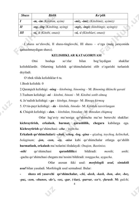 m: tolzor, tojikiston, toshloq, ishxona, oliygox, tashlama · mavhum ot yasovchi qо‘shimchalar; -lik, -ch, -inch. m: tinchlik, sog‘inch · harakat-holat oti yasovchi qо‘shimchalar: -chilik, -garchilik, -sh, -ish, -lashtirish -m, -im, -um m: loygarchilik, terim, yog‘ingarchilik, о‘tirish, umumlashtirish sintaktik usul bilan: · qо‘shma ot: oshqovoq, qо‘lqop; · murakkab ot: markaziy osiyo; · juft ot: ota-ona yasaladi. ixchamlik maqsadida ba’zi otlar qisqartirilib qо‘llaniladi: bmt, о‘zr. sifat sо‘z turkumi sifat turkumi predmetning belgisini bildiradi. qanday? qanaqa ? qaysi ? sо‘roqlariga javob bо‘ladi. sifat о‘zgarmaydigan turkum, son va kelishik kategoriyalari bilan turlanmaydi, kо‘plik -lar affiksini olmaydi. sifat darajasini uch gruppaga bо‘lish mumkin: 1) orttirma daraja: eng katta, kaatta; 2) chog‘ishtirma (qiyosiy) daraja: kattaroq; 3) ozaytirma daraja: sal katta. sifatlarning darajasi oddiy darajaga nisbatan belgilanadi. bir predmetning belgisi ikkinchi bir predmetning belgisiga qiyosan olinishi mumkin. bundan birining belgisi ortiq, biriniki kam bо‘ladi: m: dugonamnikidan kattaroq uyda yashayman. morfologik yо‘l bilan sifat yasovchi qо‘shimchalar: a) sifat …