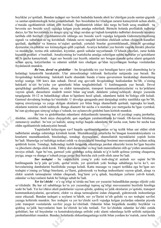 arda). i. sezilmaydigan zilzilalar. yer tebranishining kuchi insonlar sezadigan darajaga yetmaydi. uni faqat tebranishni qayd qiluvchi maxsus asboblar - seysmograflar yordamida qayd qilish mumkin. p. zo‘rg‘a seziluvchi zilzilalar. zilzila kuchini binoning ichida harakatsiz holatda bo‘lgan, ayniqsa yuqori qavatlarda bo‘lgan ayrim insonlar sezishi mumkin. iii. yerning kuchsiz tebranishi. zilzilani bino ichida bo‘lgan insonlarning ayrimlari, ochiq joyda bo‘lganlardan faqat tinch holatda turganlari sezadi. tebranish go‘yo ma’lum masofadan yuk mashinasi o‘tgandek tuyuladi. sinchkov kuzatuvchi osma holatda bo‘lgan buyumlarning yengil tebranishini ilg‘ab oladi, binolarning yuqori qavatlarida tebranish nisbatai kuchliroq bo‘ladi. iv. sezilarli tebranish. bino ichida bo‘lgan insonlarning aksariyat qismi, ochiq joydagilarning ozchiligi sezadi. ba’zan uyqudagilar ham uyg‘onadi. uy derazalari, eshiklar, idishlar yengil zirillaydi. osma holatda bo‘lgan anjomlar tebranadi. idishlardagi suyuqliklarda chayqalish paydo bo‘ladi. to‘xtab turgan avtotransportdagilar ham zilzilani sezishi mumkin. v. uyg‘onib ketish. zilzilani bino ichidagi insonlarning hammasi sezadi. uyqudagilarning aksariyat qismi ko‘rquv aralash uyg‘onadi. ayrimlar zudlik bilan ko‘chaga otiladi. hayvonlar bezovta bo‘ladi. osma …