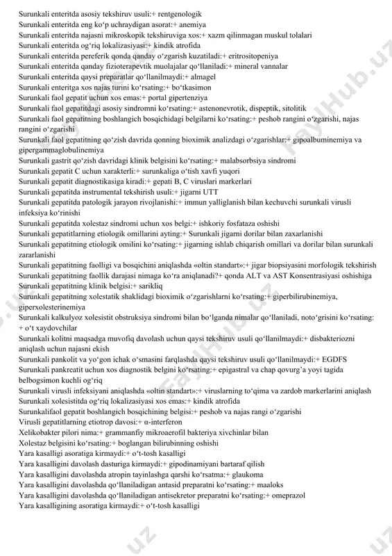 aga mutloq qarshi koʻrsatma: + gemorragik dietez miokard infarktida trombolitik terapiyaga mutloq qarshi koʻrsatma: + anamnezida oʻtkazilgan gemorragik insult miokard infarktining atipik shaklini koʻrsating:+ serebral miokard infarktining eng koʻp uchraydigan asorati:+ ritm buzilishi miokard infarktining erta asoratiga kiradi:+ oʻpka shishi miokard infarktining kechki asoratini koʻrsating:+ dressler sindromi musbat mendel simptomi qaysi kasallik uchun xos:+ 12- barmoqli ichak yarakasalligi nofaol gepatit uchun xos:+ ast, alt norma nospesifik yarali kolitga xos klinik belgini koʻrsating:+ diareya nospesifik yarali kolitli bemorlarning parxezida cheklanadi :+ yog‘lar nospesifik yarali kolitni qaysi kasallik bilan qiyoslash mumkin: + kron kasalligi bilan oʻng qorincha gipertrofiyasiga xos 1 ta mezonnni koʻrsating:+ r v1+ s v5> 10,5 mm oʻng tomonlama kolitga qanday simptom xos:+ qoʻy qumalogʻi koʻrinishidagi axlat oʻpka shishi uchun xos 1 ta belgini ajrating:+ yurakning chap qismining zoʻrikishi oshqozon osti bezining asosiy funksiyasini koʻrsating:+ ekskretor oshqozon shilliq qavatini ximoya qiluvchi omillar:+ mukoproteidlar va bikarbonatlar oshqozon tana qismidagi yara perforasiyasi …