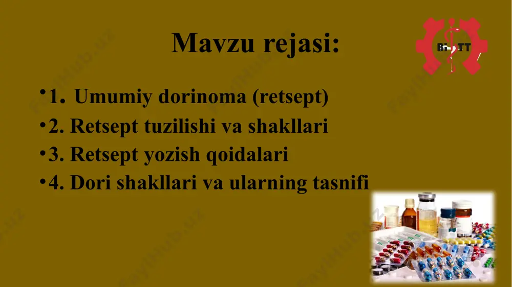 atsevtik ma’lumotga ega bo‘lgan mutaxassisga dori preparatlarini tayyorlash va (yoki) berish hamda uning qo‘llanilish usuli to‘g‘risidagi elektron yoki yozma shakldagi ko‘rsatmasi; retseptura elektron retsept ― shifokorning farmatsevtik ma’lumotga ega bo‘lgan mutaxassisga dori vositasini tayyorlash va (yoki) berish hamda uning qo‘llanilish usuli to‘g‘risidagi ko‘rsatmasini tezkor ravishda olish imkonini beruvchi elektron shaklda qayd etilgan, elektron raqamli imzo bilan tasdiqlangan va elektron hujjatning uni identifikatsiyalash imkonini beradigan boshqa rekvizitlarga ega bo‘lgan elektron hujjat; ekstemporal usulda tayyorlanadigan dori vositalari ― bemorga shifokor tomonidan berilgan retsept asosida dorixona sharoitida tayyorlangan dori preparatlari. retsept blankasi ikki qismdan iborat boʻlib, maxsus, oʻlchami 105 mm x 148 mm boʻlgan (yirtma koreshogi oʻlchami esa 70mm x 148 mm) blankada siyoh yoki sharikli ruchkalarda aniq va ravshan qilib yozilishi kerak. chunki u tibbiy yuridik hujjatdir. imtiyozga ega boʻlgan bemorlar uchun retsept yozilganda retsept blankasiga bu haqda tegishli muhr (―bepul, ―imtiyozli) bosiladi va albatta shifokorning imzosi, muassasa rahbari imzosi va yumaloq …