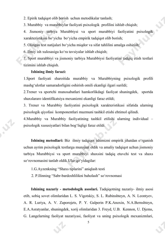 onov tadqiqotlari, konsepsiyalari, mamlakatimiz olimlaridan e.g‘.g‘oziyev, m.m.mamatov, z.gapparov, a.i.rasulovlarning sportda psixodiagnostika, sportda psixologiyasini о‘qitish, sport psixologiyasining, trenerlik psixologiyasiga doir nazariy va amaliy tadqiqotlari nazariy asos qilib olindi. ishining ilmiy yangiligi: 1. jismoniy tarbiya murabbiysi va sport murabbiyi faoliyatining psixologik xarakteristikasi ochib berildi; 2. jismoniy tarbiya murabbiysining pedagogik faoliyati va uning kasbiy xusiyatlari mazmuni tahlil etildi; 3. sport murabbiyi faoliyati umumpsixologik tahlil etildi; 3. jismoniy tarbiya va sport psixologiyasi, trenerlik kursiga doir о‘quv-uslubiy majmua yaratishda shuningdek, trenerlik, murabbiylik ishlariga doir tavsiyalar ishlab chiqish mumkinligi ehtimoli; 4. jismoniy tarbiya murabbiysi va sport murabbiyi faoliyati profili mavzu doirasida tahlil etildi. bitiruv malakaviy ishining tuzilishi. bitiruv malakaviy ishi kirish, ii-bob, 6 ta paragraf, xulosa, tavsiya va, foydalanilgan adabiyotlar rо‘yxati va ayrim ilovalardan iborat. i- bob.sportda murabbiylik faoliyatining psixologik tadqiq etilishi i.1. sport faoliyati va uning turlari xarakteristikasi jismoniy tarbiya va sport psixologisi psixologik fanning sohasi sifatida jismoniy tarbiya va sportning maxsus sharoitlarida faoliyat yurituvchi …