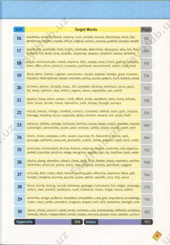 friendship, guide, lack, passage, perform, pressure, probable, public, strike, support, task, term, unite 146 25 associate, environment, factory, feature, instance, involve, medicine, mix, organize, period, populate, produce, range, recognize, regular, sign, tip, tradition, trash, wide 152 26 advice, along, attention, attract, climb, drop, final, further, imply, maintain, neither, otherwise, physical, prove, react, ride, situated, society, standard, suggest 158 27 actually, bite, coast, deal, desert, earthquake, effective, examine, false, gift, hunger, imagine, journey, puzzle, quite, rather, specific, tour, trip, value 164 28 band, barely, boring, cancel, driveway, garbage, instrument, list, magic, message, notice, own, predict, professor, rush, schedule, share, stage, storm, within 170 29 advertise, assign, audience, breakfast, competition, cool, gain, importance, knowledge, major, mean, prefer, president, progress, respect, rich, skill, somehow, strength, vote 176 30 above, ahead, amount, belief, center, common, cost, demonstrate, different, evidence, honesty, idiom, independent, inside, master, memory, proper, scan, section, surface 182 i f v ^ …