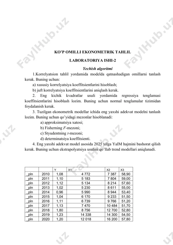 ссионная статистика множественный r 0,540769 r-квадрат 0,292431 нормированный r-квадрат -0,01081 стандартная ошибка 0,225938 наблюдения 11 дисперсионный анализ df ss ms f значимость f регрессия 3 0,147683 0,049228 0,964342 0,461028 остаток 7 0,357335 0,051048 итого 10 0,505018 коэффициенты стандартная ошибка t-статистика p-значение нижние 95% верхние 95% нижние 95,0% верхние 95,0% y-пересечение 0,962563 1,386533 0,694223 0,509918 -2,31607 4,241192 -2,31607 4,241192 x1 -4,2e-05 6,58e-05 -0,6411 0,541873 -0,0002 0,000113 -0,0002 0,000113 x2 8,11e-05 7,17e-05 1,130872 0,295361 -8,8e-05 0,000251 -8,8e-05 0,000251 x3 -0,00591 0,023882 -0,24733 0,811747 -0,06238 0,050565 -0,06238 0,050565 вывод остатка наблюдение предсказанное y остатки стандартные остатки 1 1,012454 0,067546 0,357324 2 1,028303 0,071697 0,379285 3 1,071886 0,048114 0,254528 4 1,115426 -0,09543 -0,50481 5 1,119812 -0,15981 -0,84542 6 1,146869 -0,10687 -0,56534 7 1,1679 -0,0579 -0,30629 8 1,192342 -0,06234 -0,3298 9 1,311292 0,488708 2,585302 10 1,195684 0,034316 0,181532 11 1,428032 -0,22803 -1,20631 tahlil natijalariga diqqat bilan ahamiyat beradigan bo’lsak, natijalar uch qismdan tashkil topganini ko’rishimiz …