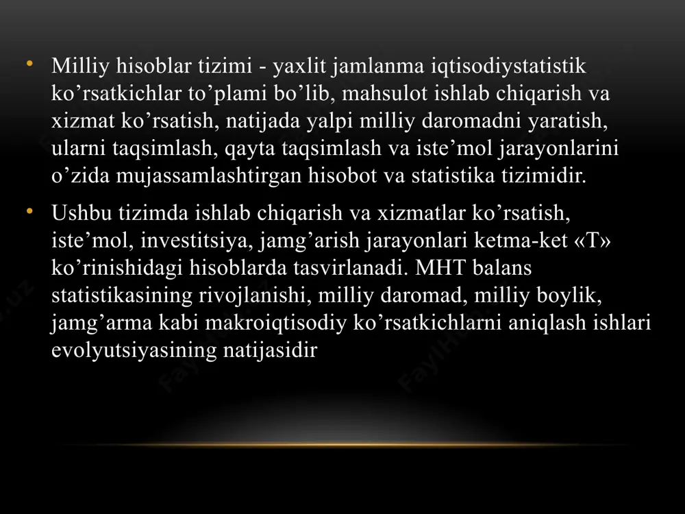 soblar tizimidagi hisoblar tarkibi 1. tovarlar va xizmatlar hisobi bu hisobda mamlakat iqtisodiyotida yil davomida ishlab chiqarilgan tovar va xizmatlar resurslari hajmi va ulardan foydalanish yo’nalishlarini xarakterlovchi operatsiyalar aks ettiriladi. 2. ishlab chiqarish hisobi bu hisob ishlab chiqarish bilan bevosita bog’liq bo’lgan jarayonlarni ifodalovchi ko’rsatkichlar (yalpi ishlab chiqarish, oraliq ist’emol, qo’shilgan qiymat)ning hosil bo’lishini ifodalaydi. 3. daromadlarni hosil bo’lishi hisobi bu hisob ishlab chiqarishda band bo’lgan institutsional birliklarning birlamchi daromadlarini hosil bo’lish jarayonini ifodalaydi. 4. daromadlarni birlamchi taqsimoti hisobi bu hisobda rezident institutsional birliklarning ishlab chiqarishdan va mulkdan olgan birlamchi daromadlarini sektorlar o’rtasidagi taqsimoti ifodalanadi. 5. daromadlarni ikkilamchi taqsimoti hisobi bu hisobda mamlakatga yil davomida tushgan tushumlar va joriy transfertlar natijasida mavjud bo’lgan daromadni hosil bo’lishi jarayoni aks ettiriladi. foydalanilgan ma’lumotlar arxiv.uz sayti staff.tiiami.uz sayti uzsmart.uz sayti lex.uz sayti myshared.ru sayti e’tiboringiz uchun raxmat image1.png image3.png image4.png /docprops/thumbnail.jpeg