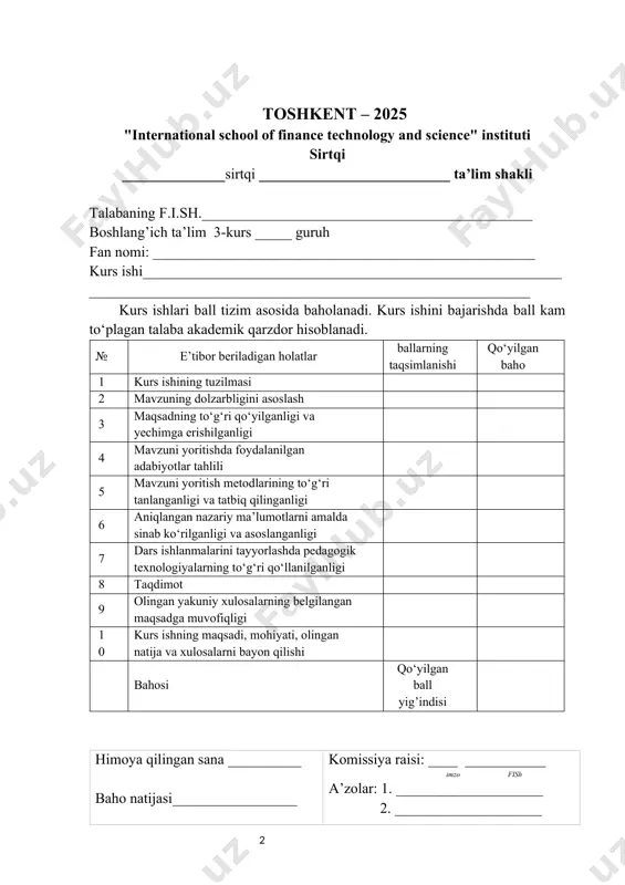 mundarija: kirish…………………………………………………………………………….4 i.bob. foydali qazilmalar turlari………………………………...6 1.1 mineral resurslar va ularning tasnifi……………………………………………6 1.2 energiya resurslari……………………………………………………………...9 ii.bob. foydali qazilmalar qazib olish usullari va ekologik ta'siri…………………………………………………………...17 2.1 foydali qazilmalarni qazib olish texnologiyalari……………………………..17 xulosa…………………………………………………………………………29 foydalanilgan adabiyotlar………………………………………..32 kirish kurs ishining dolzarbligi. foydali qazilmalar nafaqat mamlakatlarning iqtisodiy rivojlanishida, balki global miqyosda ham katta ahamiyatga ega. bugungi kunda, dunyoning ko'plab hududlarida tabiiy resurslarning tugab borishi, ulardan foydalanishning ekologik va iqtisodiy oqibatlari kabi muammolar yuzaga kelmoqda. shuningdek, foydali qazilmalar sohasida yangi texnologiyalarning rivojlanishi, ularni qazib olish va qayta ishlash jarayonlari yanada samarali va xavfsiz qilishga imkon beradi. shunday qilib, foydali qazilmalar resurslarining taqsimlanishi va ulardan samarali foydalanishning dolzarbligi ortib bormoqda. foydali qazilmalar iqtisodiyotning asosiy tarmoqlarini ta'minlaydi, ayniqsa sanoat, qurilish va energetika sohalarida ular zarur. ular qishloq xo'jaligi va texnologiya tarmoqlarida ham muhim rol o'ynaydi. ammo qazib olish jarayonining tabiiy muhitga ta'siri, energetika xavfsizligi va ijtimoiy barqarorlikni ta'minlash masalalari dolzarb bo'lib qolmoqda. bunday masalalar nafaqat iqtisodiy taraqqiyotga, balki …
