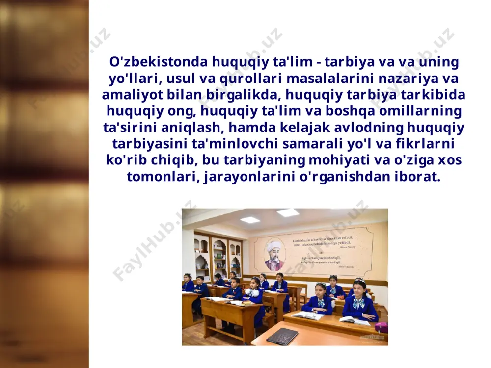 jamiyat taraqqiyotining maenaviy vositalarini ta'minlovchi o'zaro bog'langan, uyushgan, bir tuzim, aniq maqsadni ko'zlagan holdagi tasir ko'rsatilishidir. ijtimoiy tarbiya tizimida tarbiyaning boshqa turlari singari huquqiy tarbiya alohida ahamiyat kasb etadi. huquqiy tarbiya ijtimoiy tarbiyaning axloqiy, estetik, ma'naviy va boshqa shu kabi turlari negizida shakllanadi va rivoj topadi. ya'ni, huquqiy tarbiya ijtimoiy tarbiyaning barcha turlari bilan chambarchas bog'liq bo'ladi. huquq dastlab axloqiy qarashlar, qadriyatlar negizida vujudga kelgan. keyinchalik esa huquqiy davlat tomonidan o‘rnatilgan yoki ma’qullangan va uning kuchi bilan himoya qilinadigan barcha uchun majburiy xulq-atvor qoidalarining tizimiga aylangan. huquqiy tarbiya deganda shaxsning ongiga tashkiliy suratda va aniq maqsadni ko'zlab ta'sir ko'rsatishning maxsus yuridik turi tushuniladi. «huquqiy tarbiya» kategoriyasi olimlar tomonidan turlicha talqin qilingan va izohlar berilgan. «huquqiy tarbiya - shaxslar va ijtimoiy guruhlarning huquqiy ongiga ko'rsatiladigan, aniq maqsadga yo'naltirilgan, rejalashtirilgan va maxsus huquqiy tarbiya usulari vositasida amalga oshiriladigan pedagogik ta'sir jarayonidir» . huquq quyidagi vazifalarni bajaradi: tartibga solish, qo‘riqlash tarbiyalash. image1.jpg image2.jpeg …