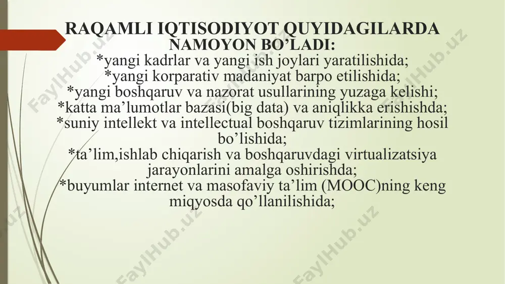 tlarni tahlil qilish). 3.korparativ madaniyatning o’zgarishi. raqamli biznes transformatsiyaning asosiy boshqichlari 1.transformatsiyalanadigan sohani aniq belgilash. 2.byudjetjetni aniqlash. 3.yo’nalish xaritasini aniqlash. 4.raqamli yechimlarni tanlash va joriy qilish. 5.xodimlarni yangi texnologiyalar bilan ishlashga o’rgatish. 6.eskirgan texnologiyalardan voz kechish muvaffaqiyatli raqamli transformatsiyalarga misollar -ikea -space 10 -lego -nike -audl e’tiboringiz uchun raxmat /docprops/thumbnail.jpeg
