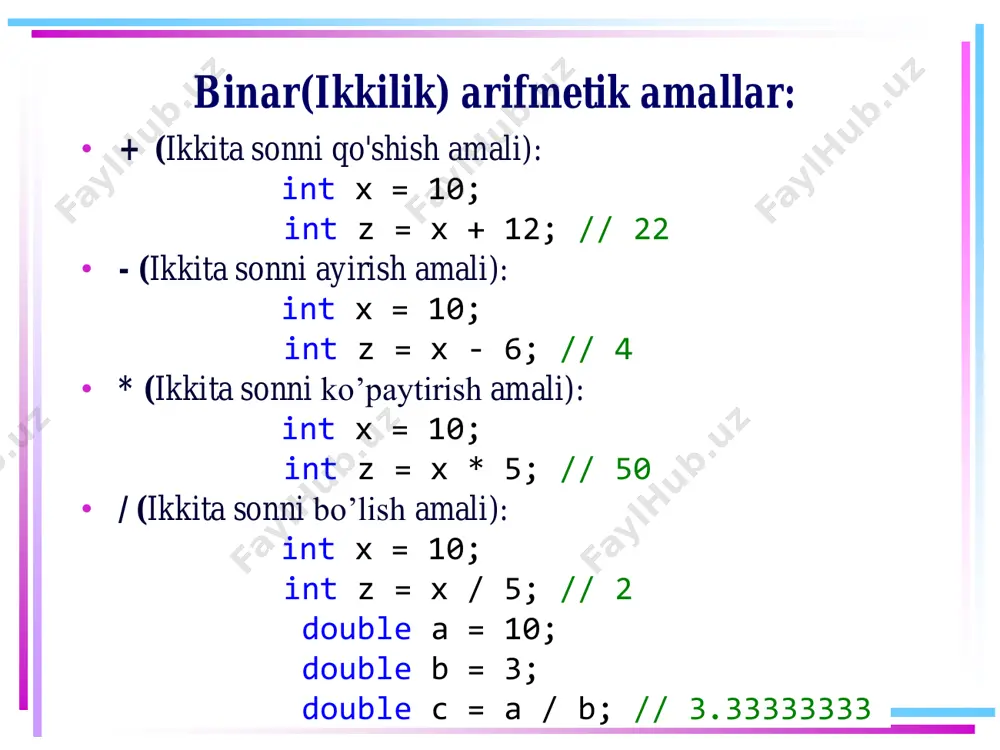 dir, ya'ni amallar chapdan o'ngga qarab ketma-ket bajariladi. shuning uchun 10/5 * 2 ifodasini (10/5) * 2 deb talqin qilish kerak, ya'ni natija 4 ga teng bo'ladi. razryadli (bitli) amallar razryadli amallar amallarning maxsus sinfini ifodalaydi. ular sonning alohida razryadlarida bajariladi. bunda sonlar ikkilik ko‘rinishda qaraladi, masalan, 2 soni ikkilikda 10 ga teng va ikkita razryadga ega, 7 soni ikkilikda 111 va uchta razryadga ega. mantiqiy amallar • &(mantiqiy ko'paytirish) ko'paytirish razryadli (bitli) bajariladi va agar ikkala operandning bit qiymatlari 1 ga teng bo'lsa, u holda amal 1 qaytaradi, aks holda 0 soni qaytariladi. masalan: int x1 = 2; //010 int y1 = 5;//101 console.writeline(x1 & y1); // natija 0 razryadli (bitli) amallar int x2 = 4; //100 int y2 = 5; //101 console.writeline(x2 & y2); // natija 4 birinchi holda, bizda 2 va 5 sonlari bor. 2 ikkilikda 010 va 5 - 101 sonlarini ifodalaydi. sonlarni (0*1, 1*0, 0*1) …