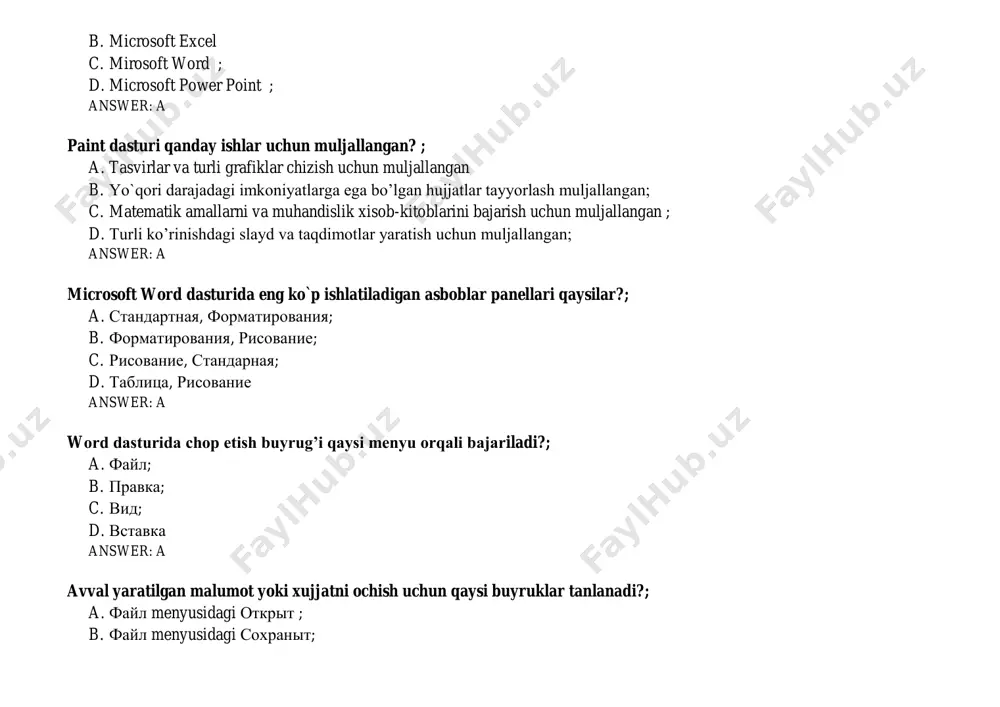 ; a. kompyuterning asosiy qurilmasi bo’lib, sistemalar o’rnatilgan; b. foydalanuvchiga bajarilayotgan vazifalarni ko’rsatib turadi ; c. foydalanuvchiga buyruqlar va belgilarni kiritish imkonini beradi ; d. barchasi to’g’ri answer: a skanerning vazifasi nima?; a. qog’ozdagi ma’lumotlarni kompyuter xotirasiga o’tkazish; b. kompyuterdagi ma’lumotlarni qog’ozga chop etish; c. internet tarmog’iga ulanish, telefon signallarini kompyuterga yetkazish; d. barchasi noto’g’ri answer: a printerning vazifasi nima?; a. kompyuterdagi ma’lumotlarni qog’ozga chop etish; b. internet tarmog’iga ulanish, telefon signallarini kompyuterga yetkazish; c. qog’ozdagi ma’lumotlarni kompyuter xotirasiga o’tkazish; d. barchasi noto’g’ri answer: a modemning vazifasi nima?; a. internet tarmog’iga ulanish, telefon signallarini kompyuterga yetkazish; b. qog’ozdagi ma’lumotlarni kompyuter xotirasiga o’tkazish; c. kompyuterdagi ma’lumotlarni qog’ozga chop etish; d. barchasi noto’g’ri answer: a operativ xotira nima vazifani bajaradi? ; a. foydalanuvchi ishlayotgan dasturlarni saqlovchi xotira; b. kompyuterda joylashgan operasion sistema fayllarini uzida saqlaydi; c. sistema fayllarini o`zida saqlaydi; d. ms dos fayllarini o`zida saqlaydi answer: d sichqoncha vazifasi nima?; a. …