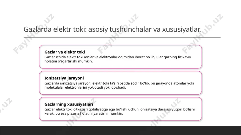 nologiyalar, masalan, plazma ekranlari va gaz discharge lampalar, elektr maydonlari va ionizatsiya jarayonlaridan foydalangan holda ishlab chiqariladi, bu esa innovatsiyalarni ta'minlaydi. elektr maydonlarining gazlardagi ta'siri va xususiyatlari. elektr maydonlarining ta'siri elektr maydonlari gazlar ichida elektronlar va ionlar harakatini boshqaradi, natijada ionizatsiya jarayonlari va elektr toki paydo bo'ladi. ionizatsiya jarayoni elektr maydoni kuchli bo'lganda gazdagi atomlar ionizatsiyalanadi, bu esa elektronlar va ionlar oqimining paydo bo'lishiga olib keladi. gazlarning elektr o'tkazuvchanligi elektr maydonlari gazlarning o'tkazuvchanligini oshiradi. ionlashtirilgan gazlar yuqori o'tkazuvchanlikka ega bo'lib, energiyani samarali o'tkazadi. dasturiy va amaliy qo'llanilish elektr maydonlari gazlar orqali elektr toki o'tkazish texnologiyalarida, masalan, plazma ekranlarida va lazerlarda keng qo'llaniladi. gaz chiqishi jarayonida elektr maydonlari va ionizatsiya. elektr maydoni elektr maydoni gazda ionizatsiya jarayonini boshqaradi. u molekulalar va atomlar o'rtasida kuchli elektr kuchlarini yaratadi, bu orqali ionlar hosil bo'ladi. ionizatsiya jarayoni gazda ionizatsiya jarayoni, energiya ta'sirida atomlarning elektr elektronlaridan ayrilishi natijasida sodir bo'ladi. bu jarayon gazni elektr toki …