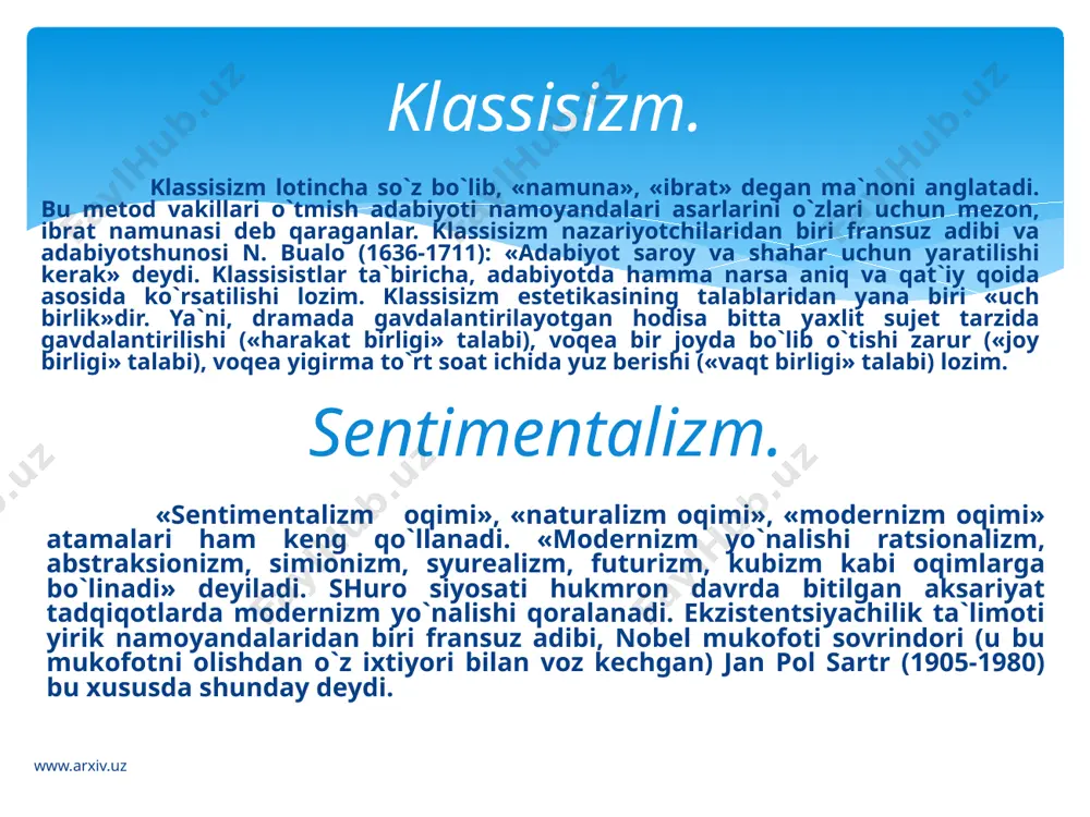 o`ziga xosligi bilan izohlanadi. www.arxiv.uz adabiy yo`nalish tushunchasi biz yuqorida to`xtalgan hayotni badiiy aks ettirish prinsiplari, metod va uslub tushunchalari bilan bevosita bog`liqdir. adabiy yo`nalish badiiy tafakkur tarzi, metod va uslub kesishgan nuqtada yuzaga keluvchi tushunchadir. gap shundaki, muayyan davrda yashagan bir qator ijodkorlar yaratgan ko`plab asarlarda tipologik umumiylik mavjud. tipologik umumiylik hayot materialini tanlash, uni badiiy idrok qilish va baholash prinsiplarida, asarlarning badiiy shakl xususiyatlari, uslubiy jihatlarida o`zini namoyon etadi. uzluksiz adabiy jarayonning muayyan bosqichlarida kuzatiluvchi badiiy ijodning g`oyaviy-estetik tamoyillari asosidagi umumiylik adabiy yo`nalish haqida gapirish imkonini beradi. adabiy yo`nalish adabiy jarayonning, badiiy tafakkur tarraqqiyotining muayyan bosqichini nazariy jihatdan umumlashtirish orqali uning mohiyatini anglash imkonini beruvchi muhim adabiy-estetik kategoriyadir. shuni ham unutmaslik kerakki, tipologik umumiylik bir yo`nalishga mansub ijodkorning ham g`oyaviy, ham estetik jihatdan o`ziga xosligini inkor qilmaydi. ya`ni, bir yo`nalish doirasidagi asarlarda turlicha ideallarning, dunyoqarashning aks etishi tabiiy hodisadir. metod va uslub tushunchalari haqida. www.arxiv.uz masalan, romantizm yo`nalishiga …