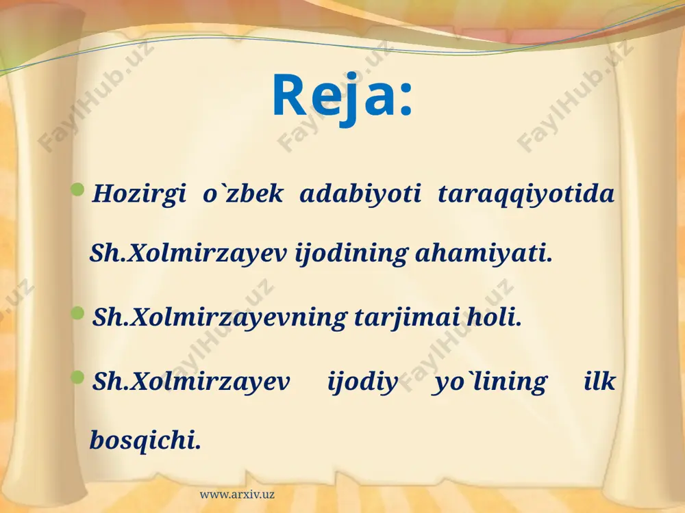 kan”, “tabassum”, “ustoz”, “farzand” kabi hikoyalarida yaqqol namoyon bo`lgan. sh.xolmirzayev hikoyalarida, asosan, surxon vohasining kaloriti yorqin sezilib turadi. yozuvchining hikoyalarida surxondaryoliklarning o`ziga xosligi, yorqin va katta xarakterlari, yashash tarzi yaqqol ko`zga tashlanib turadi. uning “arpali qishlog`ida”, “olis yulduz ostida”, “miltiq otildi”, “kimsasiz hovli”, “ov” kabi hikoyalari, “so`nggi bekat”, “qil ko`prik”, “olabo`ji” romanlarida bu koloritni aniq sezish mumkin www.arxiv.uz “so`nggi bekat” sh.xolmirzayevning jiddiy yutug`i hisoblanadi. yozuvchining o`zi ham: “ijodda, izlanishda o`zimning ham kelib to`xtagan so`nggi bekatim bu”, - deb yozadi romandagi so`zboshida. romanning “so`nggi bekat” deb atalishida ma`lum ramziy ma`no mavjud. asar qahramonlari hayotidagi muhim nuqta – so`nggi bekati tasvirlanadi. romanda bekat qishlog`i, u yerda yashayotgan zamondoshlarimizning amalga oshirayotgan ishlari haqida hikoya qilinadi www.arxiv.uz katta epik asarlar yaratish sohasida muayyan tajriba to`plagan shukur xolmirzayev 80-yillarning ikkinchi yarmida yana zamonaviy mavzuda roman yaratishga kirishadi. natijada uning “yo`lovchi” romani maydonga keladi. muallif unda qayta qurish yillarining manzaralarini gavdalantirishni o`z oldiga maqsad qilib qo`ygan …