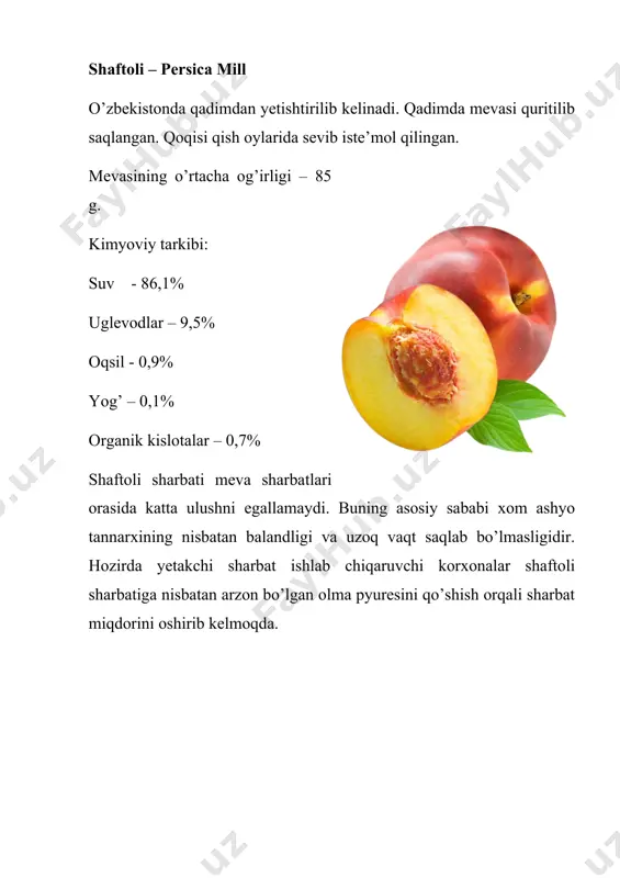 qib yoki shibbalab olinadi. shaftoli mevasidan 70-80% sharbat chiqadi. meva sharbatlari tayyorlash texnologiyasiga va ularning sifat ko’rsatgichlariga qarab 3 turga ajratiladi: tiniq, quyuq(tindirilmagan) va mag’izli sharbatlar. umumiy holatda shaftolli sharbati ishlab chiqarish tizimi quyidagicha: mevalar qabul qilingandan so’ng maxsus mashinalarda yuviladi. qabul qilish va yuvish jarayoni iqtisodiy samaradorlik va vaqtnintejash uchun birgalikda bajariladi. yuvilgan mevalar saralanadi va danak va po’stlog’idan ajratish ucnun protirkalanadi bunda shaftoli danagi va po’stlog’idan tozalanadi. bu jarayonlar uzluksiz ishlashini taminlash uchun transportyorlar yordamida birlashtiriladi. saralash stollarida nazoratchilar qo’yiladi. ular mahsulotning yaxshi saralanishini va agregatning to’g’ri ishlashini kuzatib boradi. keyin mahsulot maydalagichda maydalaniladi. maydalash natijasida xom ashyodan mahsulot chiqishi ko’payadi. bundan so’ng mahsulot shibbalanadi. bunda hozirgi vaqtda ish unumdorligi yuqori bo’lgan gidravlik presslardan foydalaniladi. pressdan sharbat chiqishini oshirish maqsadida xom ashyo blanshirovka qilinadi. pressdan chiqqan sharbat maxsus rezeruarlarga yig’iladi. bunday hajmlar sharbat ishlab chiqarish tizimining uzluksiz va bir tekis ishlashini taminlaydi.rezeruarlar maxsus eroziya va korroziyaga chidamli po’latdan …