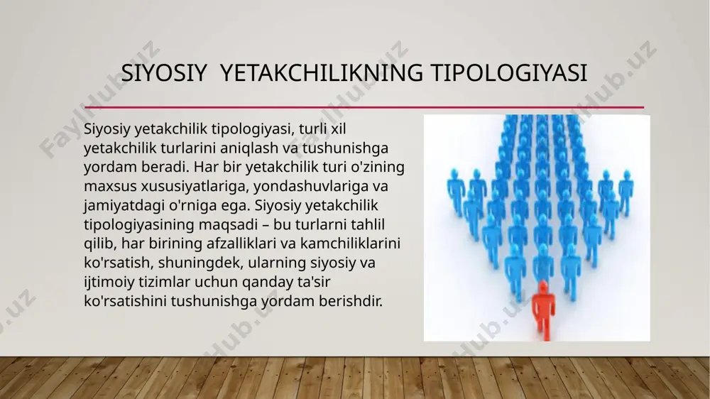 arni tezlashtirishi mumkin. ijtimoiy ta’sirlar siyosiy yetakchilar jamiyatdagi adolat, tenglik va erkinlikni ta'minlashda rol o'ynaydi.ular ta'lim, sog'liqni saqlash va boshqa ijtimoiy sohalarga ta'sir ko'rsatadi. harizmatik liderlar jamiyatni birlashtirishi yoki bo'linishga olib kelishi mumkin.yetakchining boshqaruv uslubi ijtimoiy qadriyatlar va madaniyatni shakllantiradi.ijtimoiy ziddiyatlar siyosiy yetakchilikning samarali bo'lishi yoki bo'lmasligiga bog'liq. iqtisodiy ta'sirlar yetakchilar iqtisodiy siyosatni belgilash orqali davlatning iqtisodiy rivojlanishini boshqaradi. transformatsion liderlar iqtisodiyotda modernizatsiya va innovatsiyalarni amalga oshiradi.populistik liderlar qisqa muddatli iqtisodiy imtiyozlar berishi, lekin uzoq muddatli muammolarni keltirib chiqarishi mumkin.texnokrat liderlar iqtisodiy samaradorlikka tayanib, barqarorlikni oshiradi. siyosiy qarorlar iqtisodiy o'sish yoki pasayishga bevosita ta'sir qiladi. siyosiy yetakchilik jamiyatning siyosiy barqarorligi, iqtisodiy rivojlanishi va ijtimoiy birligida hal qiluvchi rol o‘ynaydi. yetakchining boshqaruv uslubi va qarorlari nafaqat davlat tizimining bugungi holatini, balki kelajakdagi rivojlanish yo‘nalishini ham belgilaydi. shu bois, samarali siyosiy yetakchilik davlatning barqarorligi va fuqarolar farovonligi uchun muhim omil hisoblanadi. siyosiy yetakchilik faqat hokimiyatni boshqarish emas, balki jamiyatga xizmat qilishning mas'uliyatli …