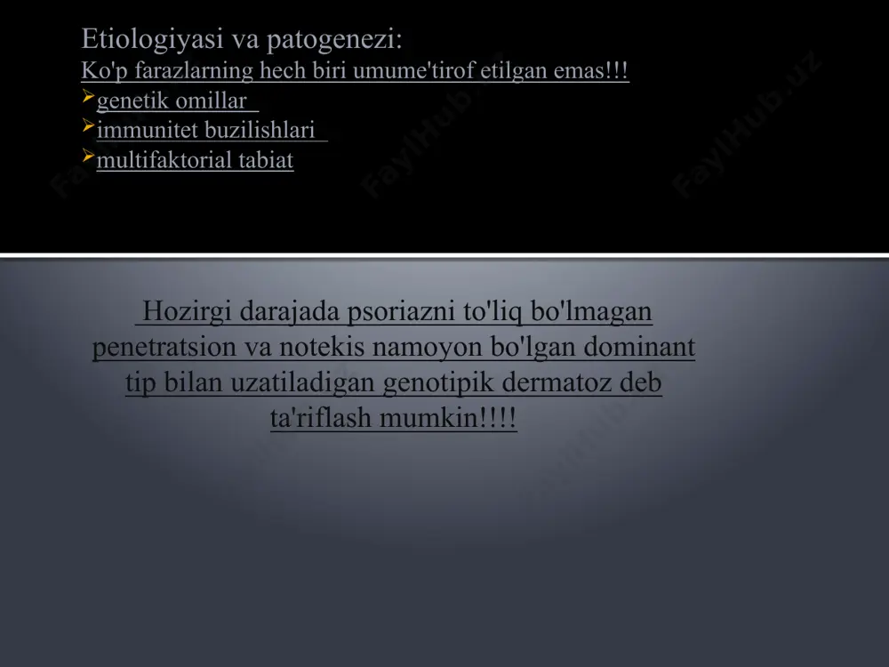 izatsiya i nemedlennoe lechenie. psoriatik artrit psoriaz bilan og'rigan odamlarning taxminan 6 foizida artrit belgilari mavjud (bo'g'imning yallig'lanishi). bir yoki bir nechta bo'g'imlarga ta'sir qilishi mumkin, ko'pincha barmoqlarning kichik bo'g'imlari kiradi. kasallikning eng yuqori darajasi 40-60 yosh toifasiga to'g'ri keladi. terining namoyon bo'lishi 65% hollarda artrit rivojlanishidan oldin sodir bo'ladi. qizil yassi temiratki qizil yassi temiratki- terining surunkali kasalligi; bunda bilak, bilakkaft usti, boldir panja boʻgʻimi sohalariga, kamdankam shilliq qavatlarga mayda yaltiroq och pushtiqizgʻish tugunchalar toshadi, ular qattiq qichishadi. tarixi qizil yassi temiratkit.ni (1869-yil) aniqlab, unda uchraydigan birlamchi elementni batafsil ifodalagan. kasallikning kelib chiqishi toʻliq aniqlangan emas, ilmiy adabiyotlarda uning kelib chiqishida turli nazariyalar (virusli yoki infeksion, nevrogen, irsiy, toksik, immunologik) mavjud. koʻpgina olimlar kasallikning vujudga kelishini nerv sistemasi faoliyatining buzilishiga (hayajonlanish, stress va boshqalar) bogʻlaydilar, chunki bunda toshmalar nerv tolalari boʻylab joylashishi kuzatiladi. kasallik asosiy belgilari kasallikning asosiy belgisi toshmalar toshishi; ular aksariyat qoʻl va oyoqning bukiladigan sohalarida yuzaga …