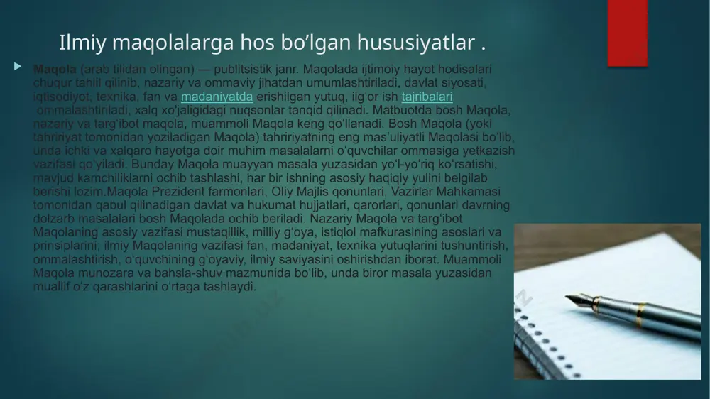iy fanda bu rasman eʼlon qilingan qoidalar toʻplami boʻlib, ularning buzilishi maʼmuriy ish yuritishga olib keladi. olim ilmiy tadqiqotlar bilan muvaffaqiyatli shug‘ullanishi uchun ilmiy etika tamoyillariga amal qilishi kerak. fanda haqiqat oldida barcha tadqiqotchilar teng boʻlishi, ilmiy dalillarga kelganda oʻtmishdagi xizmatlari hisobga olinmasligi ideali sifatida eʼlon qilinadi. ilmiy axloqning bir xil darajada muhim printsipi tadqiqot natijalarini taqdim etishda ilmiy halollik talabidir. olim xato qilishi mumkin, lekin natijalarni manipulyatsiya qilishga haqqi yoʻq, u allaqachon qilingan kashfiyotni takrorlashi mumkin, lekin plagiat qilish huquqiga ega emas. ilmiy monografiya va maqolani loyihalashning zaruriy sharti sifatida maʼlumotnomalar maʼlum gʻoyalar va ilmiy matnlarning muallifligini aniqlash va fanda allaqachon maʼlum boʻlgan narsalarni va yangi natijalarni aniq tanlashni taʼminlash uchun moʻljallangan. image6.png image7.png image8.png image9.png image10.png image2.png image3.png image4.png image5.png /docprops/thumbnail.jpeg
