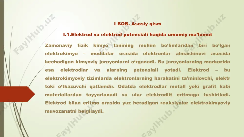 agi reaksiya asosida ishlaydi: zn → zn²⁺ + 2e⁻ (anod, e° = –0.76 v) cu²⁺ + 2e⁻ → cu (katod, e° = +0.34 v) umumiy reaksiya: zn + cu²⁺ → zn²⁺ + cu emk = 0.34 – (–0.76) = 1.10 v bu kabi galvanik elementlar elektr energiyasiga talab yuqori bo‘lgan qurilmalarda, masalan, kalkulyator, fonar, soat, shuningdek, portativ tibbiy asboblarda keng qo‘llaniladi. xulosa: elektrod potensiali — zamonaviy ilm-fan va texnologiyaning ajralmas tushunchasiga aylangan. uning asosida ishlovchi turli qurilmalar va tizimlar nafaqat laboratoriyalarda, balki kundalik hayotda, sanoatda, tibbiyotda, ekologiya va energetika sohalarida muhim rol o‘ynaydi. elektrod potensiali orqali hosil qilinadigan elektr toki yoki potensial farqi ko‘plab funksional qurilmalarning ishlash prinsipini belgilaydi. galvanik elementlar va zamonaviy lityum-ion akkumulyatorlar aynan ushbu tushunchaga asoslanadi. ushbu akkumulyatorlar mobil texnologiyalar, elektromobillar va energiyani saqlash tizimlarining asosini tashkil etadi. bu texnologiyalar inson hayotini qulaylashtiribgina qolmay, energiyadan oqilona foydalanish va ekologik xavfsizlikni ham ta’minlaydi. foydalanilgan adabiyotlar ro‘yxati: yo‘ldoshev a.n. …